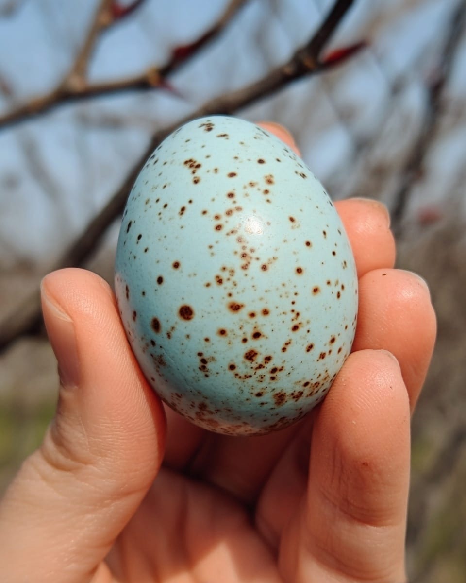 A close-up image shows a woman's hand holding a smooth egg-shaped object that is pale blue with many small brown spots spread across its surface. The background is out of focus with some bare tree branches visible. The lighting is natural, highlighting the soft texture and color variations of the egg. photo taken with an iphone --ar 4:5 --v 7