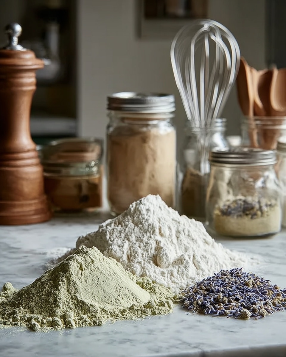 The image shows three layers of powders placed on a white marbled surface in front of a kitchen setting. The back layer is a large mound of fine white powder, smooth and fluffy, with a medium-sized mound of light greenish powder in front of it, which has a finer, slightly grainy texture. To the right side of the green powder, there is a small pile of dried tiny purple flower buds, offering a rough, fibrous texture. Behind these powders, various kitchen items are visible, including a large wooden pepper grinder, metal whisks, wooden spoons, and glass jars filled with similar powders, all arranged on the white marbled surface, creating a warm and homey atmosphere. Photo taken with an iphone --ar 4:5 --v 7