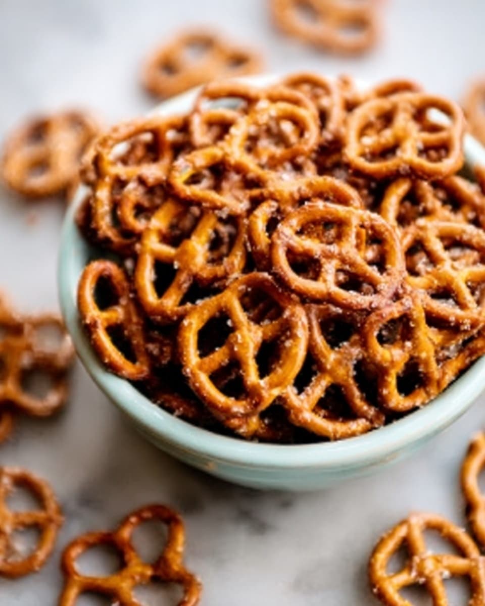 A white bowl filled with small pretzels that are golden brown and slightly shiny, showing a crunchy texture. Some pretzels are spilling over from the bowl onto a white marbled surface, adding a casual and inviting feel. The pretzels have a twisted shape with small salt crystals visible on the surface. The close-up view emphasizes the detailed texture of each pretzel. Photo taken with an iphone --ar 4:5 --v 7