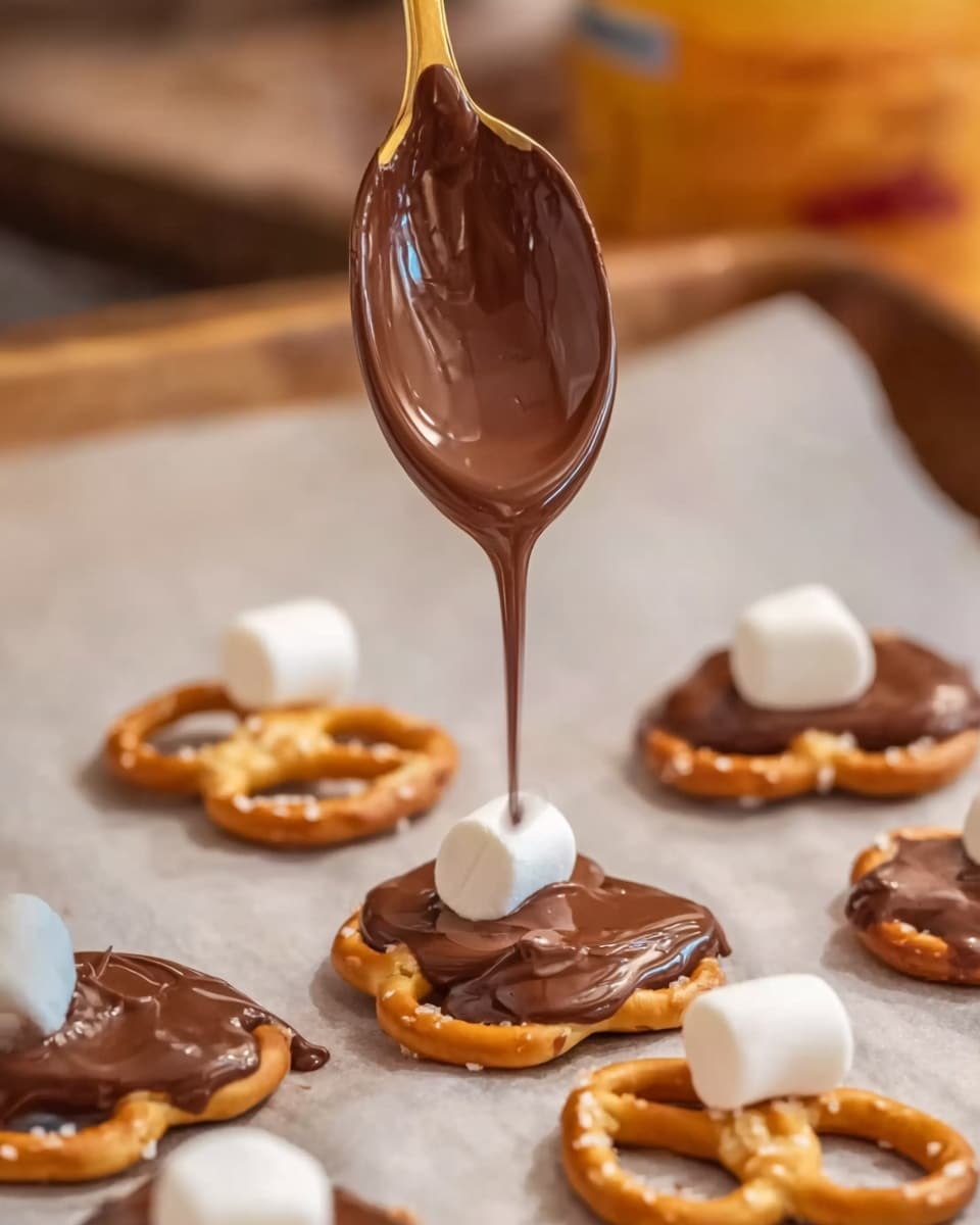 A close-up image shows a white marbled surface holding a sheet of parchment paper with small pretzel-shaped cookies arranged on it. The pretzels are a golden brown color and each has a layer of shiny melted chocolate being poured on top from a spoon held by a woman's hand above the middle cookie. Some pretzels have a single white marshmallow placed on their chocolate layer. The background is softly blurred with warm tones, likely a kitchen setting. photo taken with an iphone --ar 4:5 --v 7