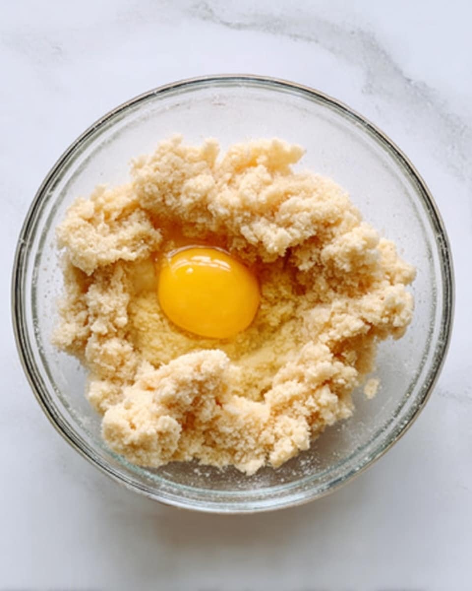 A clear glass bowl holds a mix of crumbly light beige dough with a raw bright yellow egg yolk resting on top. The textures contrast with the soft, lumpy dough surrounding the smooth, shiny yolk. The bowl sits on a white marbled surface. Photo taken with an iphone --ar 4:5 --v 7