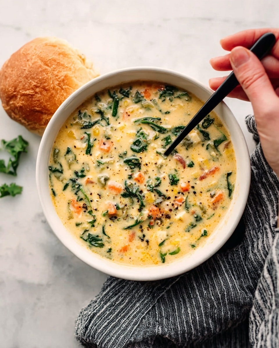 A white bowl filled with creamy soup that has a thick texture and light yellow color, mixed with visible pieces of green spinach leaves and small orange carrot bits, sitting on a white marbled surface. A black spoon is held by a woman’s hand dipping into the soup, and to the top right of the bowl, there is a soft orange bread roll. A dark gray striped cloth napkin lies to the bottom right of the bowl. photo taken with an iphone --ar 4:5 --v 7