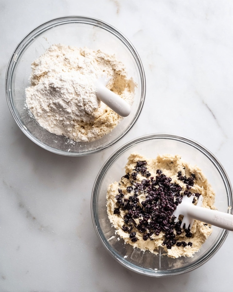 The image shows two clear glass mixing bowls placed on a white marbled surface, each containing dough at different stages. In the left bowl, there is a light-colored dough mixed with a mound of white flour sitting on top, with a white mixing blade partially covered by the dough and flour. The dough looks soft and slightly sticky, settling mostly at the bottom and sides of the bowl. In the right bowl, the same dough is mixed but now topped with a generous layer of small dark purple dried berries scattered unevenly across the surface. The white mixing blade is again visible amid the dough and berries. Photo taken with an iphone --ar 4:5 --v 7