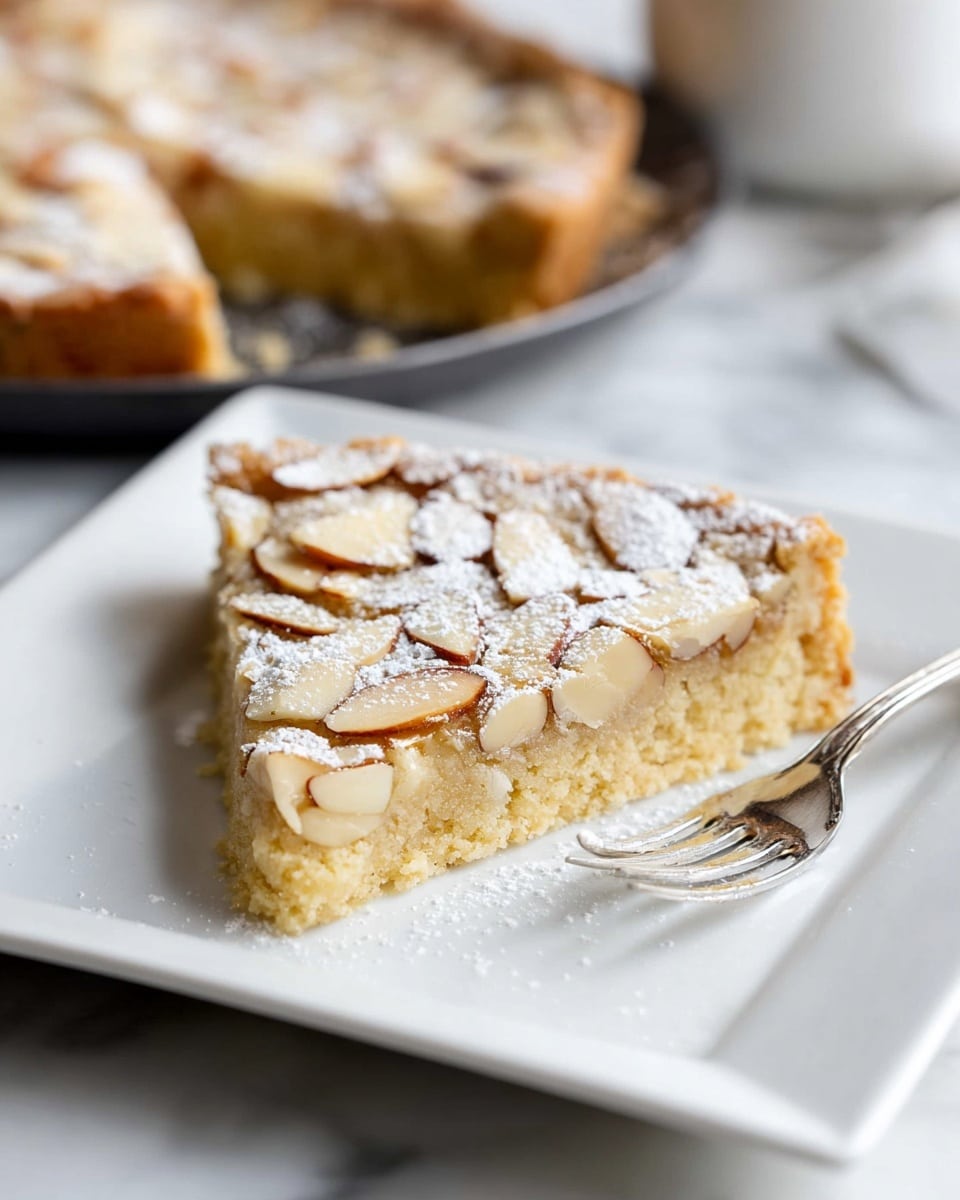 A single slice of almond tart sits on a white square plate, showing two main layers: a crumbly golden crust at the bottom, and a thick beige filling topped with light brown toasted almond slices arranged unevenly, dusted with a fine layer of white powdered sugar. In the blurry background, the tart pan with more tart remains on a white marbled surface, along with a silver fork placed to the right side of the plate. The scene is softly lit, focusing on the texture details of the crust and almonds. Photo taken with an iphone --ar 4:5 --v 7