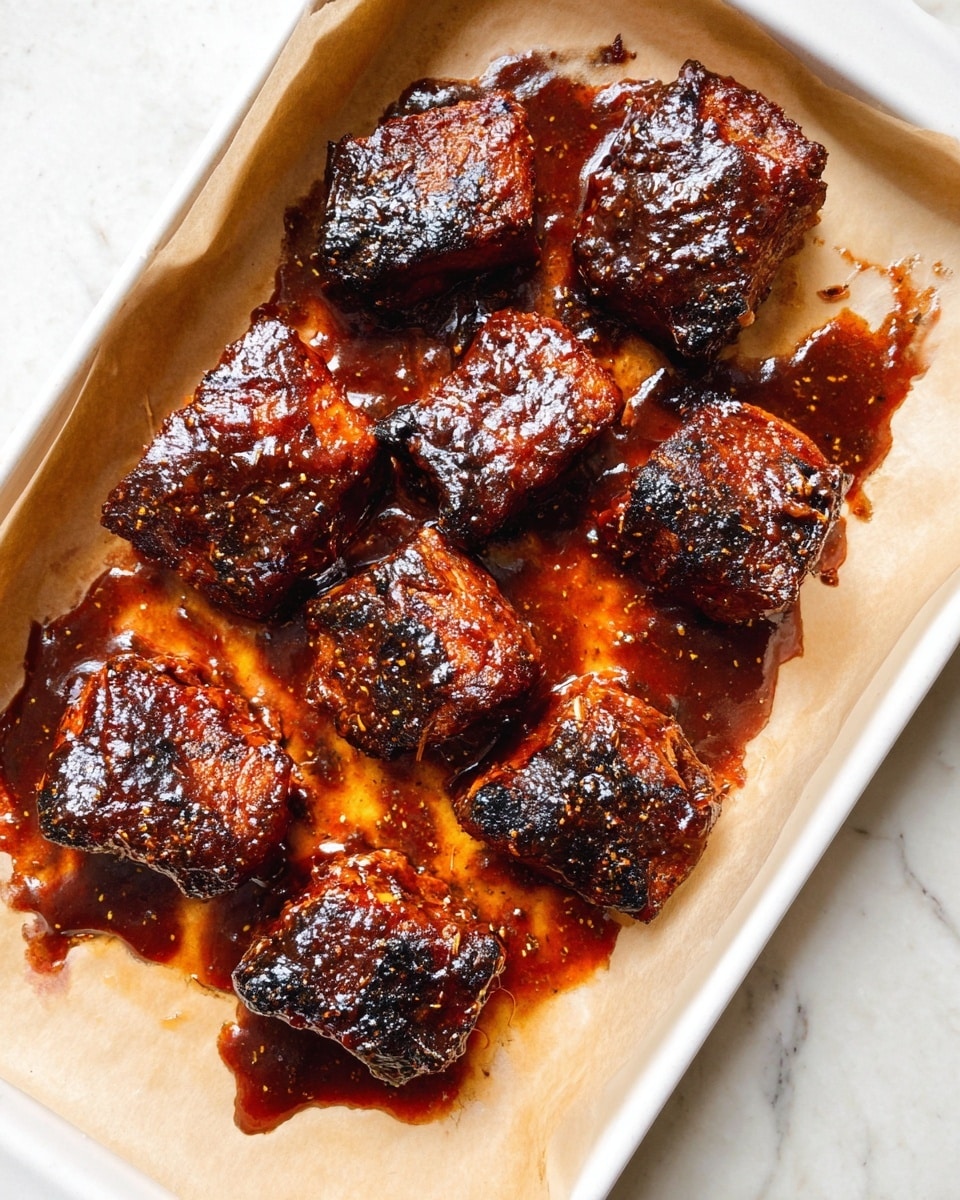 Nine pieces of baked meat with a shiny, dark reddish-brown sauce cover the surface. The pieces have some black burnt edges that contrast with the glossy sauce pooling around them on light brown parchment paper. The parchment paper lines a white rectangular tray, all placed on a white marbled surface. The texture of the meat looks thick and rich with a slightly sticky appearance. photo taken with an iphone --ar 4:5 --v 7