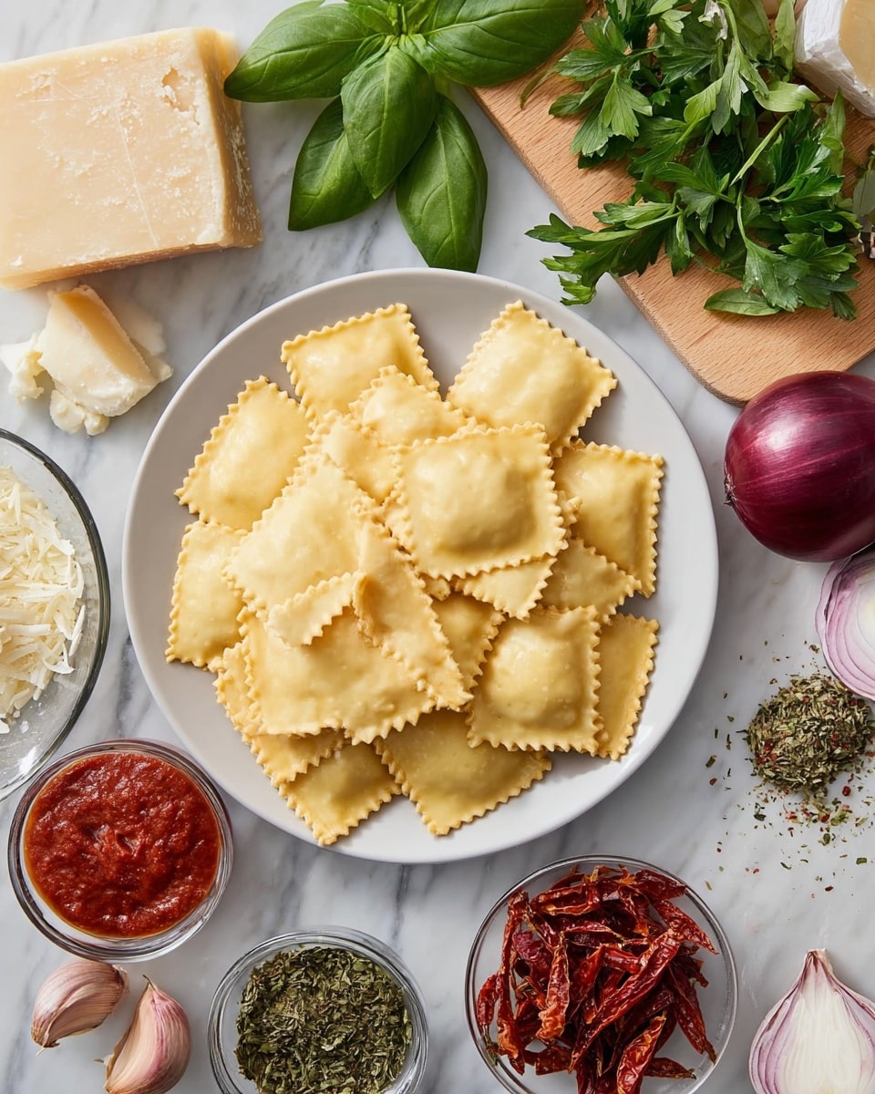 A white plate filled with two layers of uncooked square ravioli, pale yellow in color with crimped edges, sits on a white marbled surface; around it are ingredients including green fresh basil leaves on a light brown wooden board, a wedge of hard cheese with a rough texture, a piece of butter wrapped partially in white paper, a halved red onion showing its white and purple layers, a bulb of garlic with several cloves exposed, a pile of dried red tomato strips in a clear small bowl, a small bowl of red tomato paste, a bowl of dry herbs, and some fresh green parsley leaves; all arranged naturally and clearly visible photo taken with an iphone --ar 4:5 --v 7