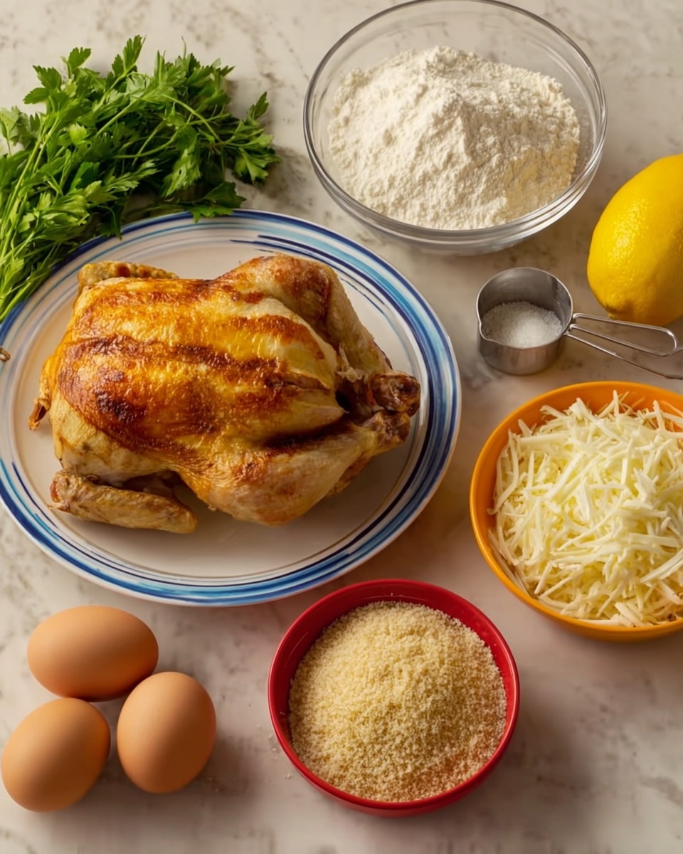 The image shows a cooked whole chicken with golden brown skin placed on a white plate with blue stripes. Next to the plate are two brown eggs and a bunch of green fresh herbs in a glass container. There is also a metal measuring cup filled with white flour, a clear glass bowl with shredded white cheese, a yellow lemon, an orange bowl with a creamy white spread, and a red bowl filled with coarse beige breadcrumbs. All items are placed on a white marbled surface. photo taken with an iphone --ar 4:5 --v 7