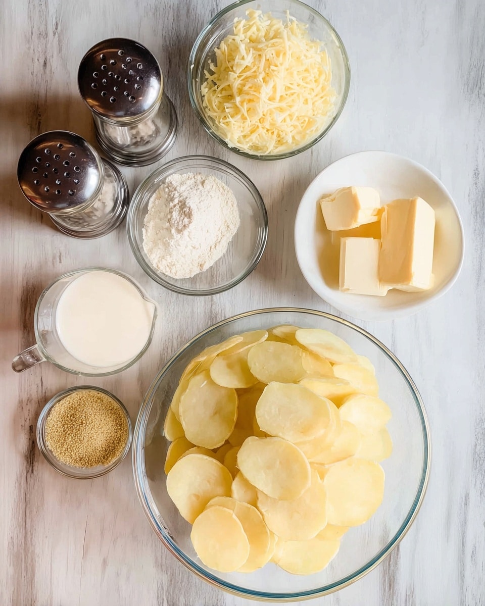 A clear glass bowl filled with several layers of thin, round, pale yellow potato slices sits in the bottom center of the image. Above and to the left, there is a clear glass bowl filled with finely grated pale yellow cheese. Next to it is a white bowl holding three blocks of light yellow butter. Above and to the right, a small clear glass bowl contains grated light yellow garlic. Near the top center, a clear glass measuring cup holds a creamy white liquid, likely cream or milk. Near the top left, there are two glass and metal salt and pepper grinders, a metal measuring spoon with white flour, and a small clear dish with coarse grain mustard. All these items are placed over a white marbled texture background. Photo taken with an iphone --ar 4:5 --v 7