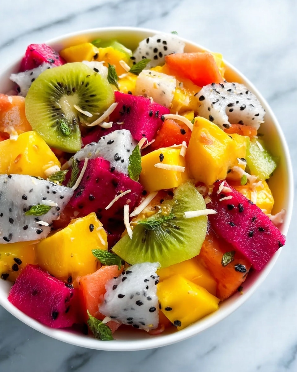 A white bowl filled with a colorful fruit salad sits on a white marbled surface. The fruit salad has three main layers of cubed fruit: bright yellow mango pieces, light green kiwi slices with small black seeds, and pinkish-orange papaya chunks. Scattered on top are small white pieces of dragon fruit with black seeds and dark red dragon fruit cubes. Thin mint leaves and light toasted coconut flakes are sprinkled over the fruit, adding texture and color contrast. photo taken with an iphone --ar 4:5 --v 7