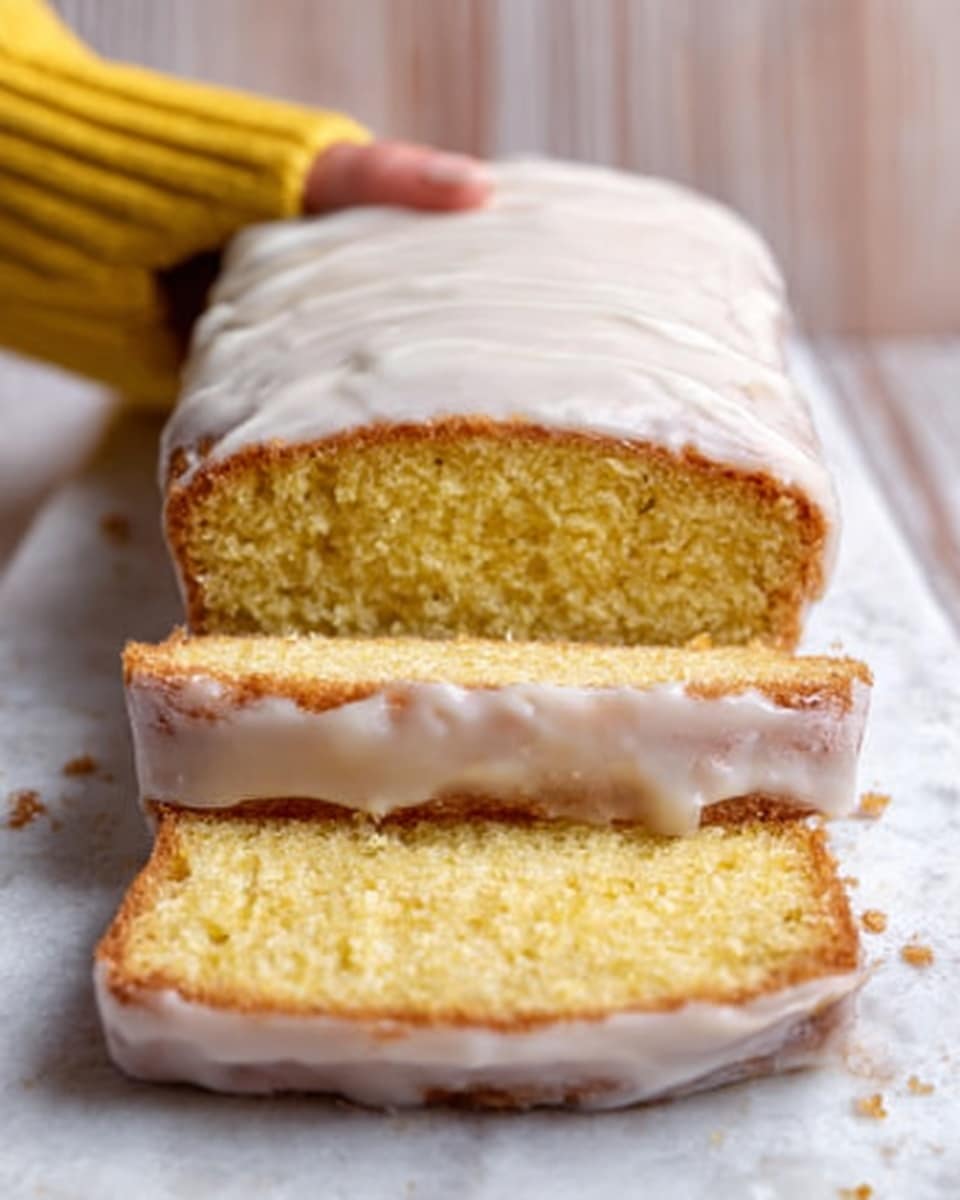 The image shows a loaf cake with a smooth white icing layer on top. The cake is sliced, revealing three even layers of yellow crumb inside with a soft and dense texture. The loaf sits on a white marbled textured surface. A woman's fingers with a yellow sleeve are about to touch or hold the top part of the cake. The background is soft with a light wood pattern slightly out of focus. photo taken with an iphone --ar 4:5 --v 7