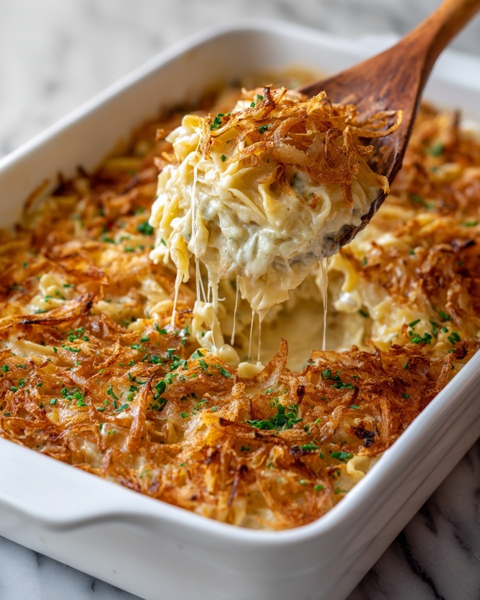 The image shows a white rectangular baking dish filled with a creamy noodle casserole. The top is a golden brown layer of crispy fried onions, scattered with small green herb bits. Below this crunchy topping is a thick, cheesy, melted layer that looks soft and rich. The noodles beneath are coated in a creamy sauce and slightly visible through the cheese. A wooden spoon is lifting a scoop of the dish, showing the stringy melted cheese and soft noodles inside. The scene is set on a white marbled surface. photo taken with an iphone --ar 4:5 --v 7