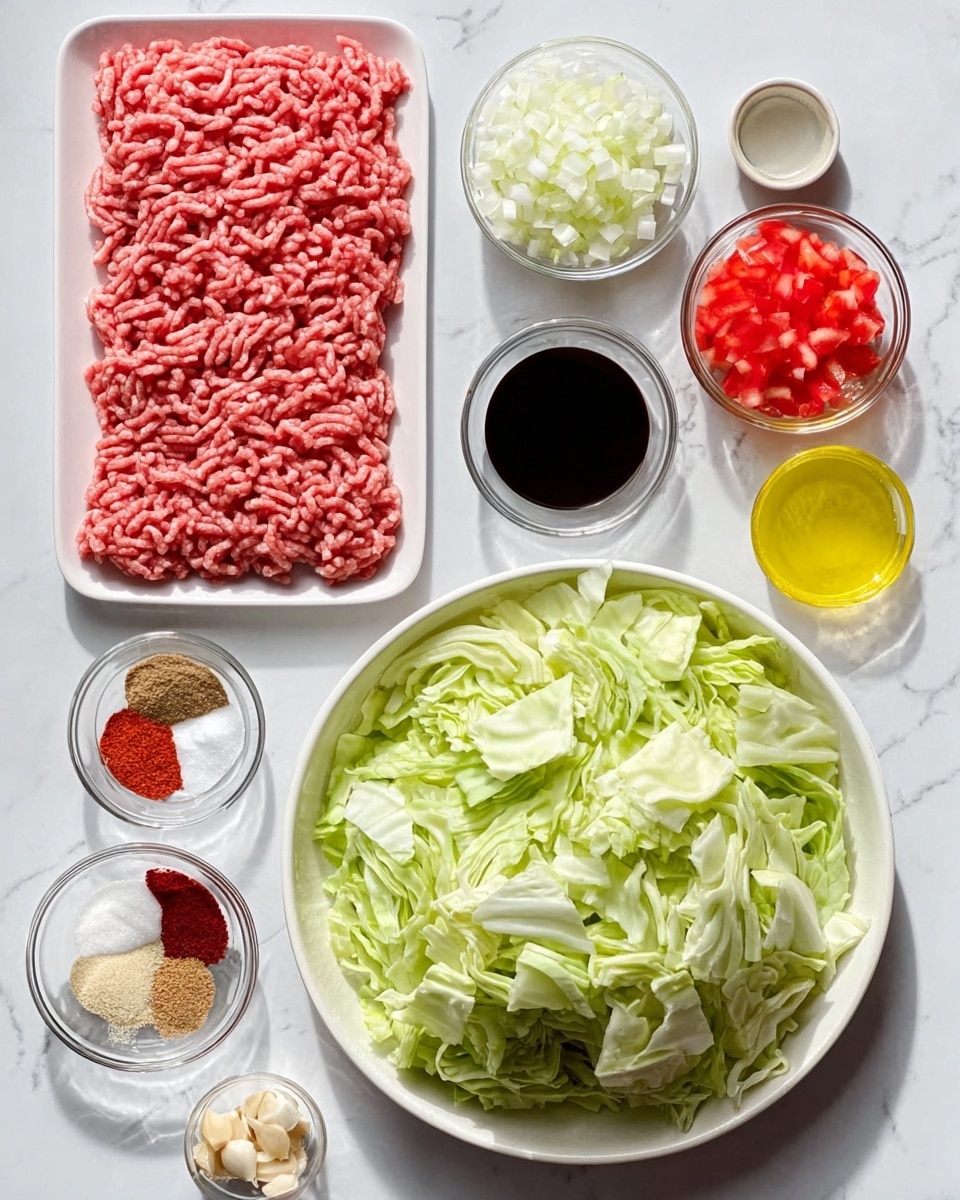 The image shows a white plate filled with chopped green cabbage at the bottom center. Above it, toward the left, is a rectangular white plate with raw ground meat that is pink in color and textured in tight lines. Around these two plates are small round white bowls and glass containers holding various ingredients: finely chopped white onions, bright red diced tomatoes, dark soy sauce, a small heap of light brown ground spices, a small amount of red chili powder, a yellow bowl with clear oil, a few cloves of finely chopped garlic, a small dish of white salt, and a small dark liquid likely soy or vinegar. All items are placed on a white marbled surface. The image looks clean and well-organized, with each ingredient distinctly visible. photo taken with an iphone --ar 4:5 --v 7