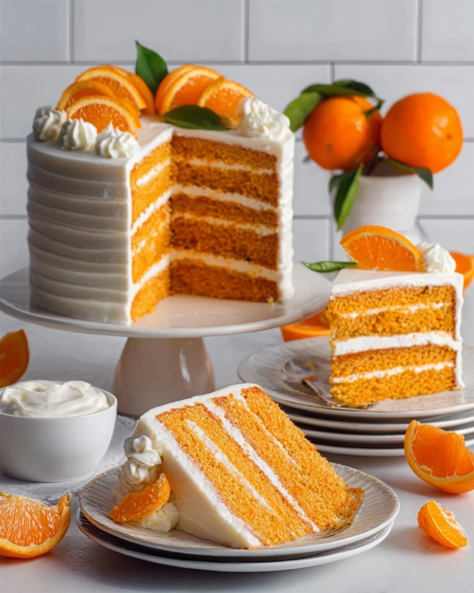 The image shows a tall cake with five distinct layers of bright orange sponge separated by smooth white frosting. The cake is topped with a swirl of white frosting and slices of fresh orange on top. In front of the cake, there are two white plates, each holding three stacked slices of the same cake, displaying the thick frosting layers clearly. Around the plates, there are some peeled and whole oranges adding a fresh, vibrant look. In the background, a small white bowl of white cream is present, all placed on a white marbled surface with white subway tiles behind. The photo taken with an iphone --ar 4:5 --v 7
