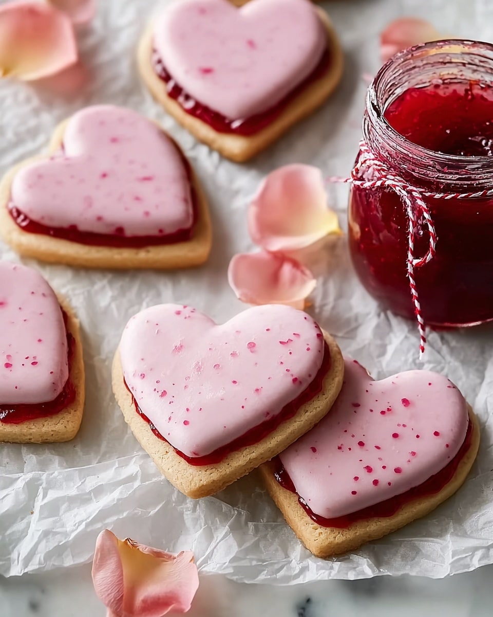 The image shows several heart-shaped cookies arranged on crumpled white paper over a white marbled surface. Each cookie has two layers: a thick base layer that is light golden brown and a top layer coated with smooth, pale pink icing speckled with tiny darker pink dots. Between the two cookie layers, there is a bright red jam filling that is slightly visible from the sides. Around the cookies, there are soft pink rose petals scattered gently, and next to them is a clear glass jar filled with red jam, tied with a thin red and white string. The photo taken with an iphone --ar 4:5 --v 7