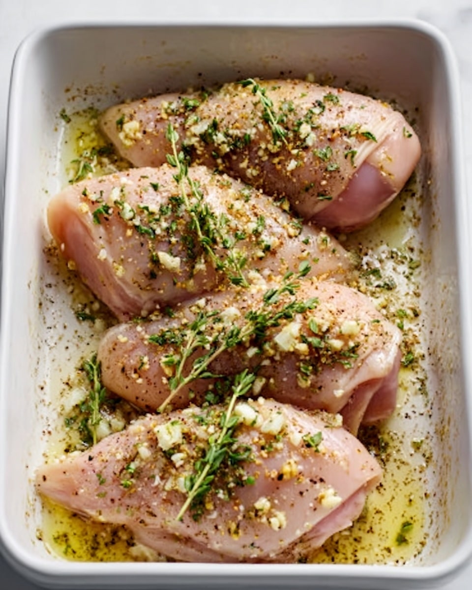 The image shows a white baking dish with four raw chicken pieces arranged evenly inside. Each piece is pale pink in color, sprinkled generously with a mix of chopped garlic, black pepper, dried herbs, and some fresh green thyme leaves. The chicken has a slightly shiny texture from a thin coating of olive oil. The white marbled surface underneath the dish adds a clean and fresh background. photo taken with an iphone --ar 4:5 --v 7