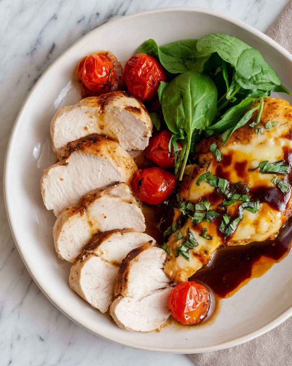 On a white plate placed on a white marbled surface, there is a dish consisting of several thick slices of white cooked chicken with a light brown sear on the edges arranged at the bottom left. Above and beside the slices sit small cooked cherry tomatoes, bright red with a shiny, soft texture. At the top right, a piece of chicken topped with melted light yellow cheese covers part of the surface, sprinkled with green basil leaves and drizzled with a dark brown sauce. A small bunch of fresh spinach leaves is placed behind the chicken piece. There is some sauce pooling beneath the chicken and tomatoes, creating a rich, glossy look. Photo taken with an iphone --ar 4:5 --v 7