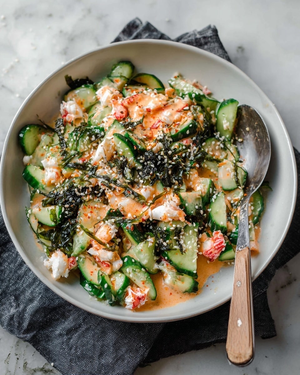 A white bowl filled with a colorful salad made of sliced green cucumbers, white and red crab sticks cut into small cubes, and dark green seaweed pieces mixed together. The salad is drizzled with a light orange creamy sauce and sprinkled with white sesame seeds and black pepper. A silver spoon with a wooden handle rests inside the bowl on the right side. The bowl sits on a dark cloth, all placed on a white marbled surface. Photo taken with an iphone --ar 4:5 --v 7