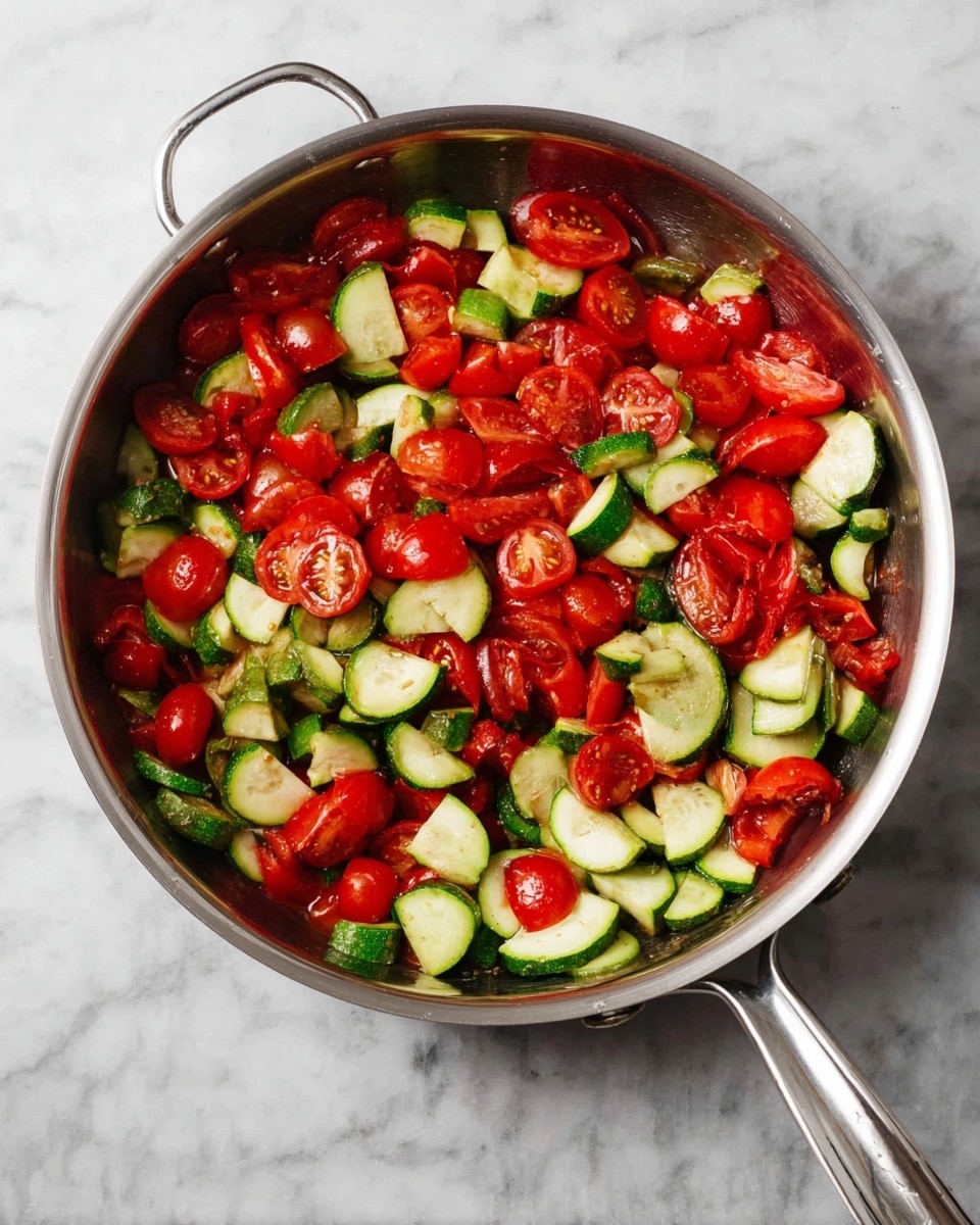 A metal pan filled with two layers of fresh vegetables, starting with a base of small green zucchini slices with soft texture, topped evenly with bright red cherry tomato halves showing juicy interiors, all mixed together and placed on a white marbled surface. The pan has a shiny metallic handle extending to the right, and a small loop handle visible on the left side. The colors are vivid, with the green and red contrasting sharply, highlighting the freshness of the ingredients, photo taken with an iphone --ar 4:5 --v 7