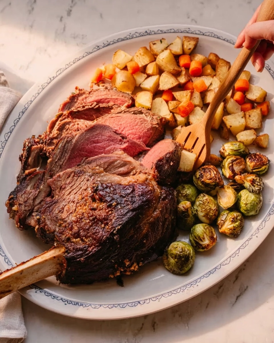 A thick slice of roasted meat with a dark, crispy outer crust and a pink, juicy inside sits on a wooden cutting board. The layers show a gradient from the dark brown crust on the outside to the tender, pink middle with some slight marbling of fat. The surface of the meat has some seasoning visible on the crust. The background has a blurred view of a kitchen setting. Photo taken with an iphone --ar 4:5 --v 7