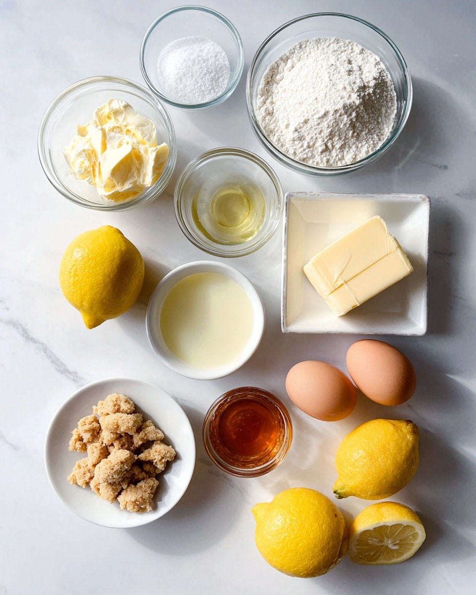 A set of ingredients is neatly arranged on a white marbled surface, including two whole bright yellow lemons and two lemon slices positioned at the bottom right. There are three brown eggs placed near the top right. Clear glass bowls hold white flour, sugar, a small amount of salt, and a light yellow liquid near the center. Two white bowls contain a block of yellow butter and a square of creamy white cheese. A small white plate holds light brown crumbly pieces. Another small glass bowl with amber-colored liquid is placed among the ingredients. The mixture of textures includes powdery, smooth, and crumbly elements, all presented clearly in natural light. Photo taken with an iphone --ar 4:5 --v 7