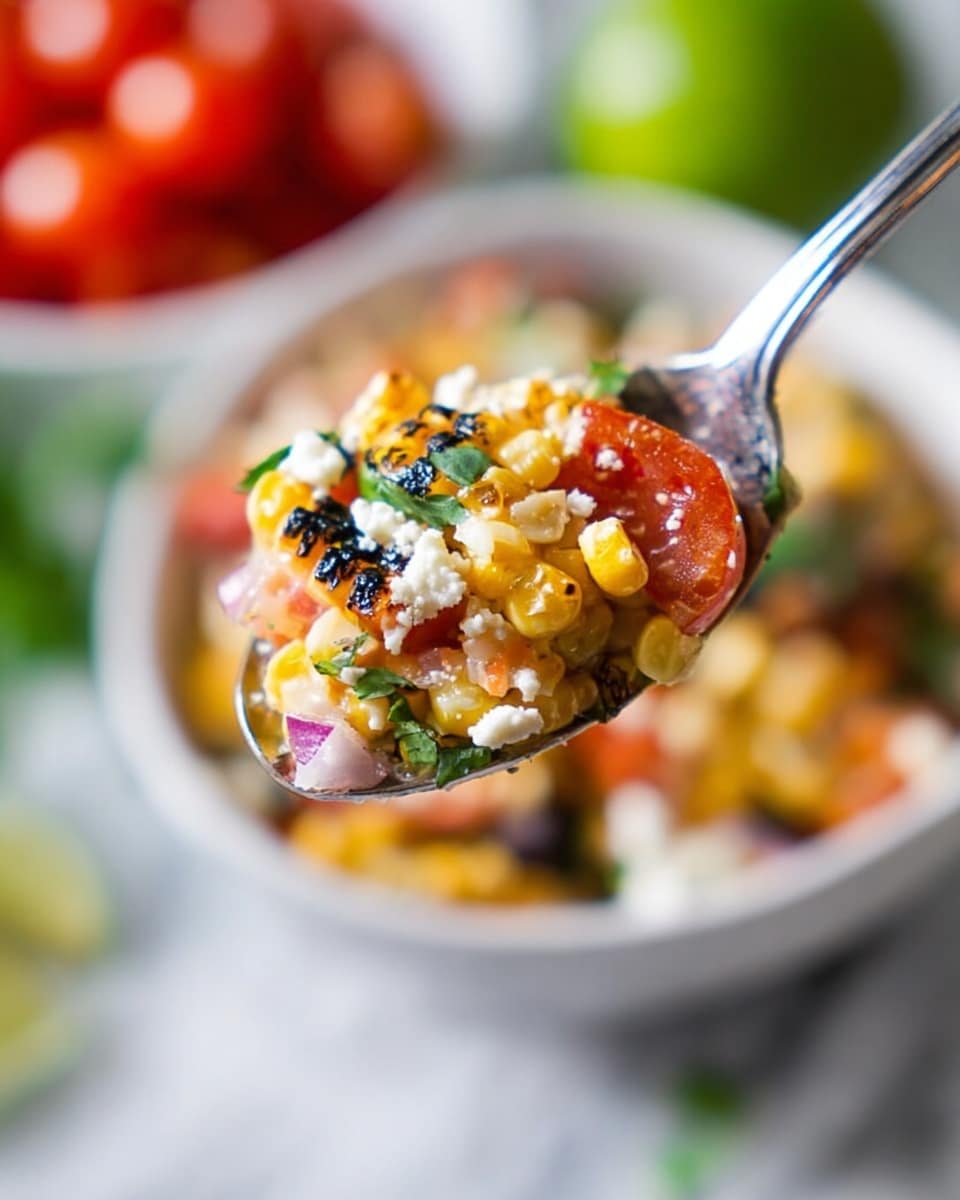 A close-up view of a spoon holding a colorful mix of food layers, including yellow charred corn kernels, small pieces of red tomatoes, white crumbled cheese, green cilantro leaves, and finely chopped red onions, all showing a fresh and textured appearance. The background is softly blurred with glimpses of a white bowl filled with the same mix, red cherry tomatoes in a white bowl, and a green lime half, all set on a white marbled surface. photo taken with an iphone --ar 4:5 --v 7