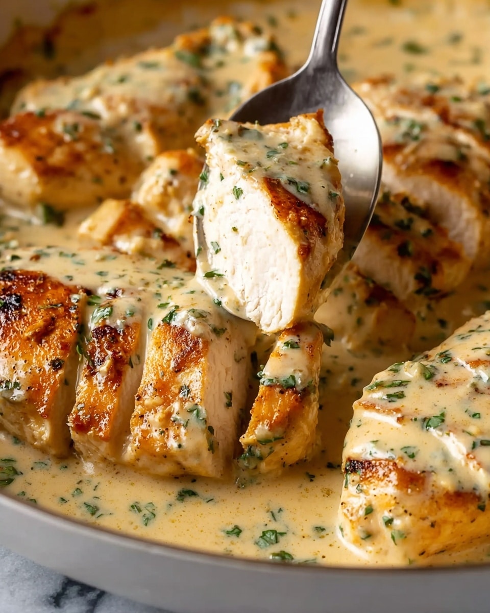 A close-up image showing several thick pieces of cooked chicken lying in a creamy sauce inside a white pan. The chicken pieces are golden brown on the outside with light grill marks and a tender, white interior. The creamy sauce covering and surrounding the chicken is light beige with green herb bits scattered throughout. One silver serving spoon holds a piece of chicken drenched in sauce just above the pan. The surface below is white with a soft marbled texture. photo taken with an iphone --ar 4:5 --v 7