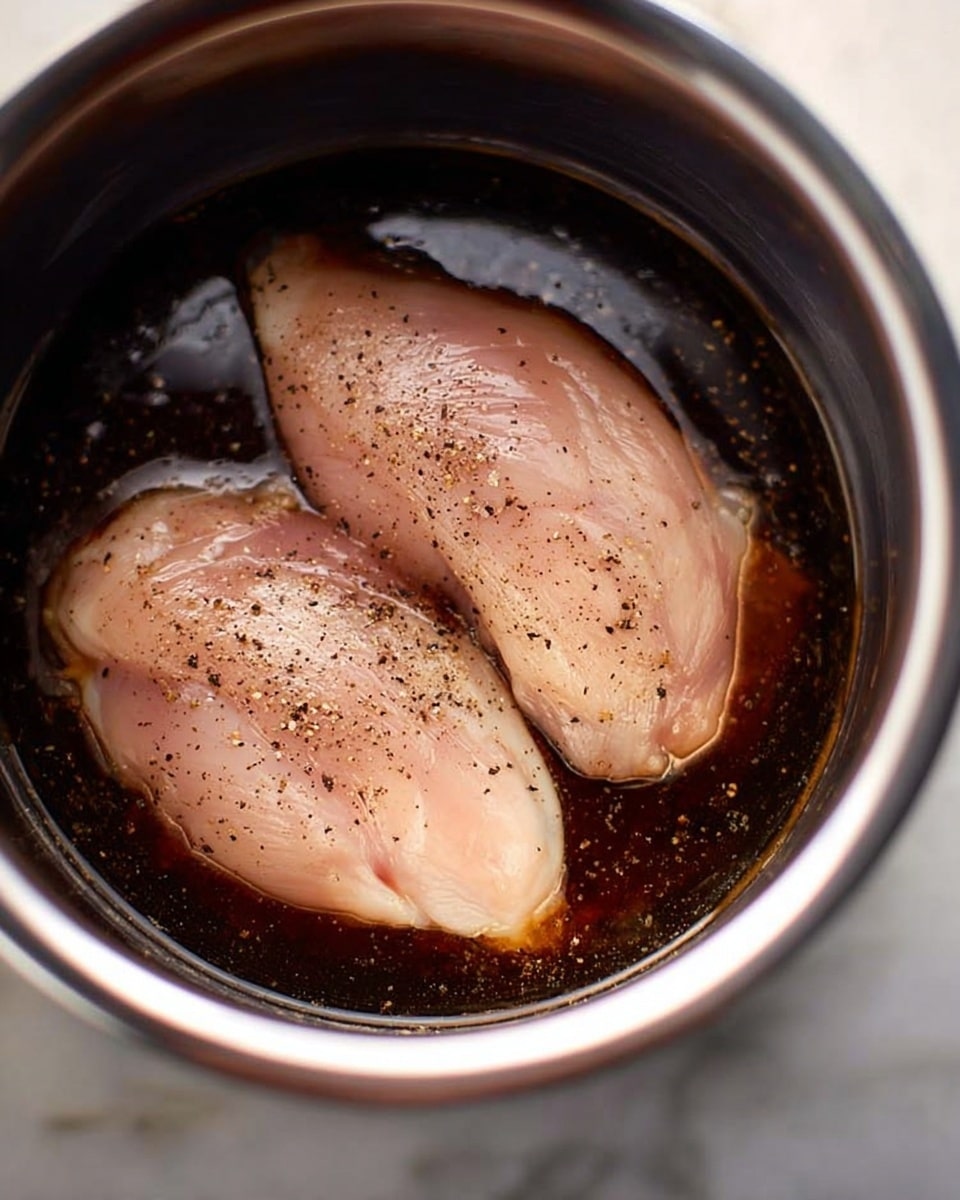 The image shows two raw chicken pieces lying inside a shiny metal pot. The chicken pieces are pale pink with some black pepper sprinkled on top. They sit in a dark brown liquid marinade that almost covers them. The pot has a smooth and reflective silver surface with some light shining on the liquid, making it look glossy and wet. The background is a white marbled texture. photo taken with an iphone --ar 4:5 --v 7