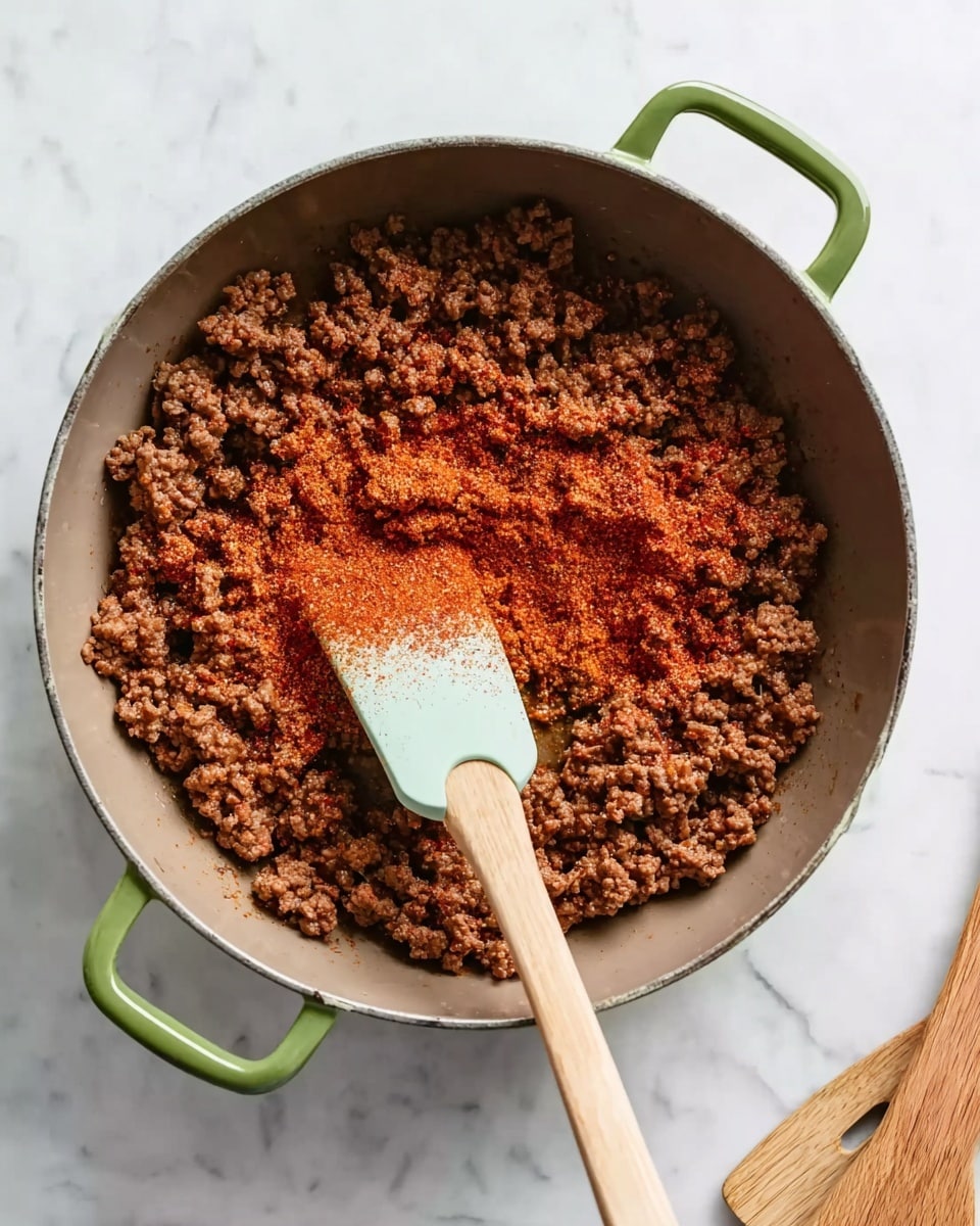 A close-up view of a gray pan with green handles filled with browned ground meat spread evenly. On top of the meat, there is a layer of reddish-brown spices sprinkled mostly in the center. A wooden spatula with a light blue silicone head is resting in the pan, its handle pointing to the right. The pan sits on a white marbled surface with two wooden kitchen utensils partially visible underneath on the right side. Photo taken with an iphone --ar 4:5 --v 7
