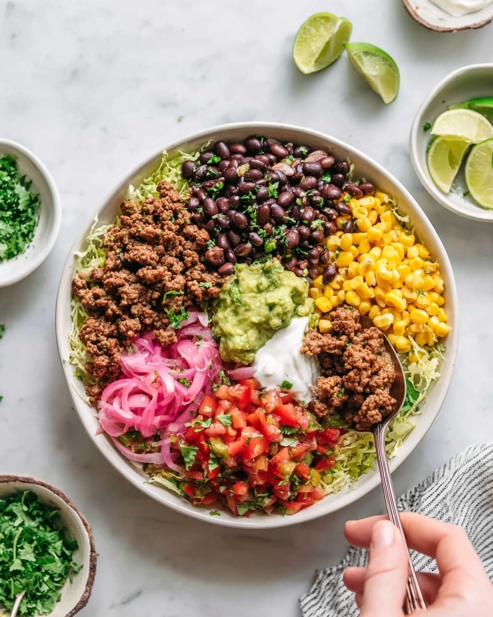 The image shows a white bowl filled with a colorful layered dish. The bottom layer is shredded green lettuce, topped with browned cooked ground meat placed in several sections. On one side, there is a pile of black beans, next to a section of bright yellow corn kernels. In the center, there is a dollop of green guacamole, with a small scoop of white sour cream beside it. Bright pink pickled onions sit in a pile next to diced red tomatoes mixed with green herbs. A lime wedge rests on the edge of the bowl. A woman's hand holds a spoon scooping a mix of meat, corn, and other ingredients from the bowl. Around the bowl, on the white marbled surface, are two small white bowls, one with lime wedges and one with green cilantro. Photo taken with an iphone --ar 4:5 --v 7