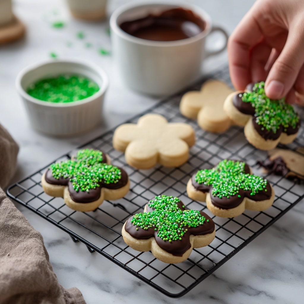 The image shows several bunny-shaped cookies placed on a black cooling rack over a white marbled surface. Each cookie has two layers: the top layer is a plain light beige dough forming the bunny's head and ears, and the bottom part is dipped in rich dark brown chocolate coating. The chocolate-covered section is decorated with bright green sprinkles. In the scene, there is a small white bowl filled with green sprinkles and a white bowl filled with dark brown chocolate glaze near the cooling rack. The setting appears clean and bright with natural lighting, and a woman's hand can be seen preparing or arranging the cookies. photo taken with an iphone --ar 4:5 --v 7
