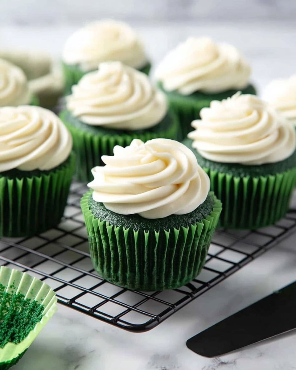 The image shows several green cupcakes arranged on a black cooling rack over a white marbled surface. Each cupcake has one layer of dark green cake topped with a swirl of creamy white frosting, which is textured with ridges formed by a piping tip. The cupcakes are in green paper liners, and one cupcake in the front left corner has its liner peeled back to reveal the moist texture of the cake inside. A black spatula is partially visible at the bottom right of the image, resting on the white marbled surface. photo taken with an iphone --ar 4:5 --v 7