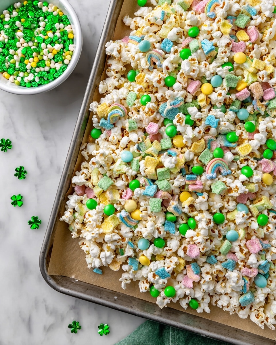 A large, flat layer of white popcorn spread evenly on a baking tray lined with parchment paper forms the base. Scattered across the popcorn are colorful pieces of marshmallow cereal in pastel pink, blue, green, and yellow, with small rainbows and clovers visible. Bright green and light green candy-coated chocolates are mixed in throughout, adding shiny spots among the matte marshmallows and popcorn. To the side, a white bowl filled with green, white, and yellow sprinkles sits on a white marbled surface, with a few green candies scattered nearby. The whole scene is brightly lit and inviting. photo taken with an iphone --ar 4:5 --v 7