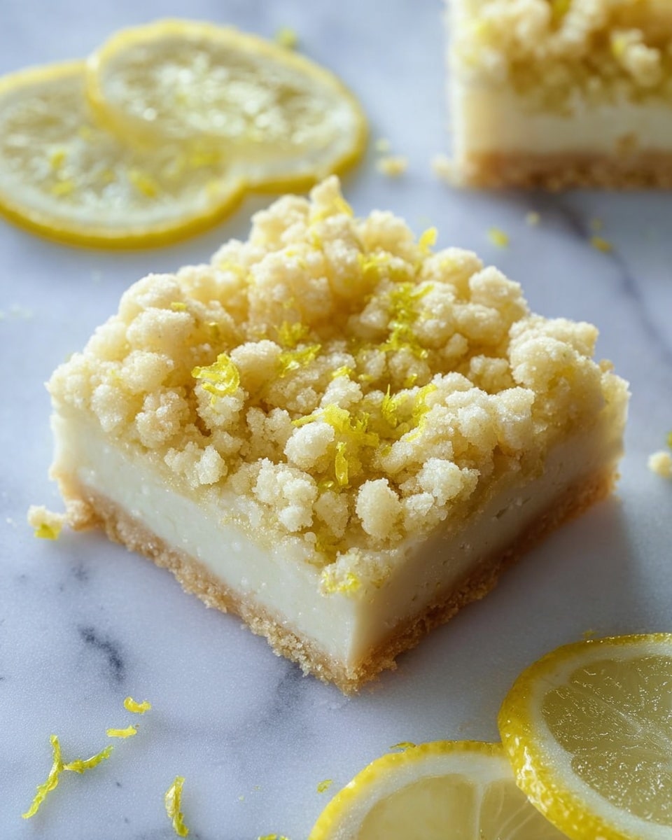The image shows a square dessert bar with two visible layers on a white marbled surface. The bottom layer is pale, smooth, and dense, forming a solid base. The top layer consists of a crumbly, slightly uneven texture with light yellow zest sprinkled throughout, adding a pop of bright color. Around the dessert bar are slices of lemon with a pale yellow inside and a thin, slightly darker yellow rind. The overall look is fresh and textured, with a mix of soft and crumbly elements. photo taken with an iphone --ar 4:5 --v 7