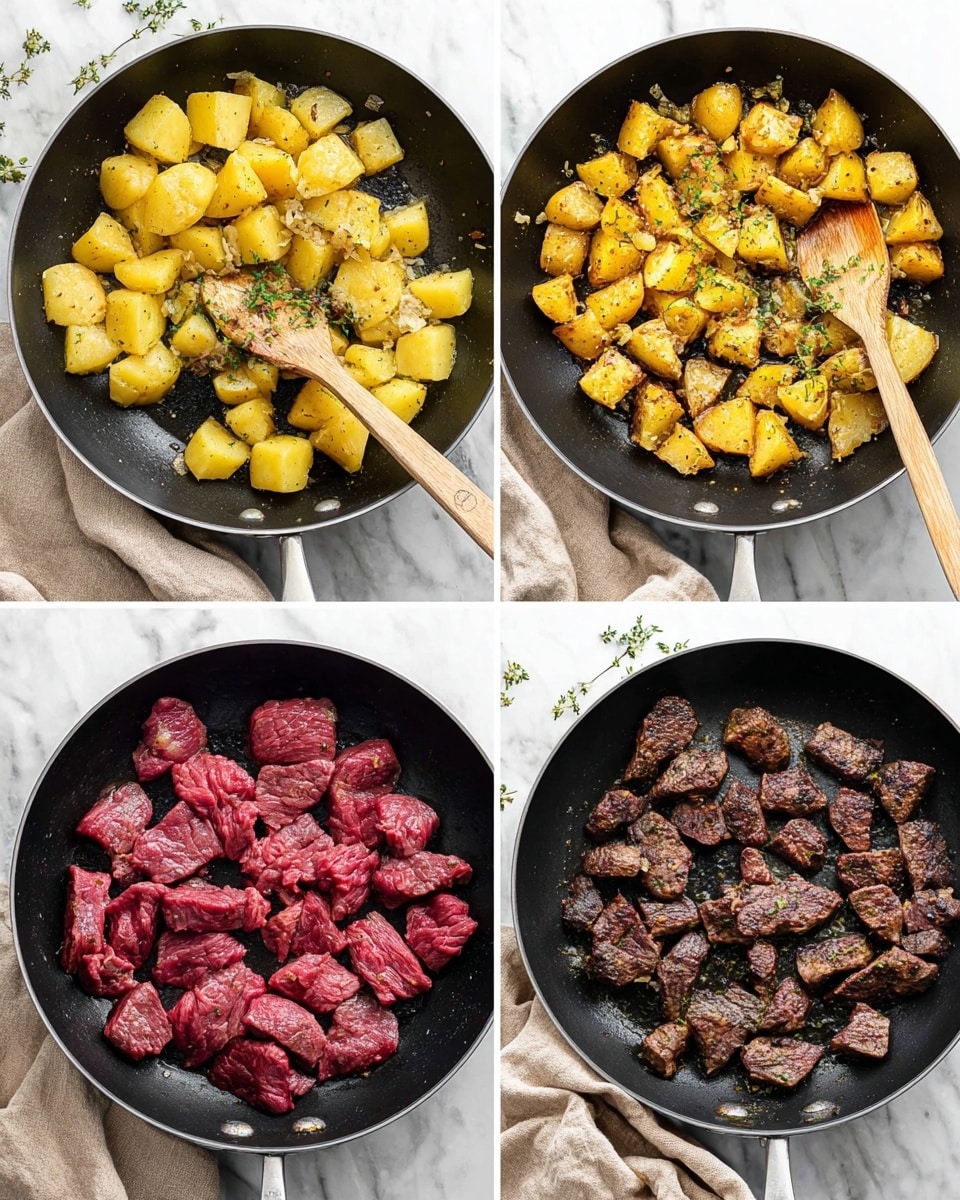 The image shows four stages of cooking in a black skillet placed on a white marbled surface with a beige cloth underneath. In the top left, large chunks of yellow potatoes are mixed with minced garlic and dried herbs, with a wooden spoon resting inside the pan. The top right shows the potatoes cooked to a golden brown with a crispy texture and sprinkled herbs. The bottom left presents raw red beef pieces spread out evenly in the skillet. The bottom right displays the beef pieces browned and seared, showing a rich dark brown color with some pink visible. Photo taken with an iphone --ar 4:5 --v 7