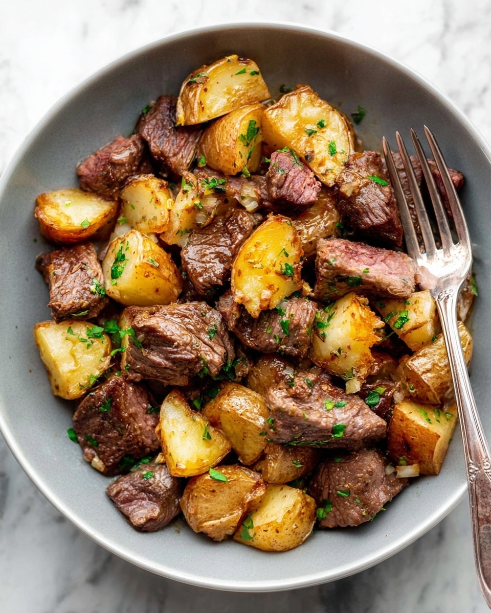 A bowl filled with several pieces of cooked, brown meat and golden roasted potatoes, all cut into bite-sized chunks, mixed evenly with small bits of green herbs scattered on top. The bowl is white, and a silver fork rests on the right side inside the bowl. The background is a white marbled surface. photo taken with an iphone --ar 4:5 --v 7