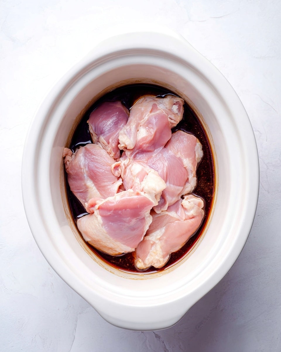 Inside a white slow cooker, there is a dark brown sauce spread at the bottom, almost filling the base. On top of the sauce, there are several pieces of raw pink chicken thighs stacked in a somewhat overlapping manner, showing smooth pale skin with some white fat edges. The slow cooker sits on a white marbled surface with soft light reflecting off the ceramic. photo taken with an iphone --ar 4:5 --v 7
