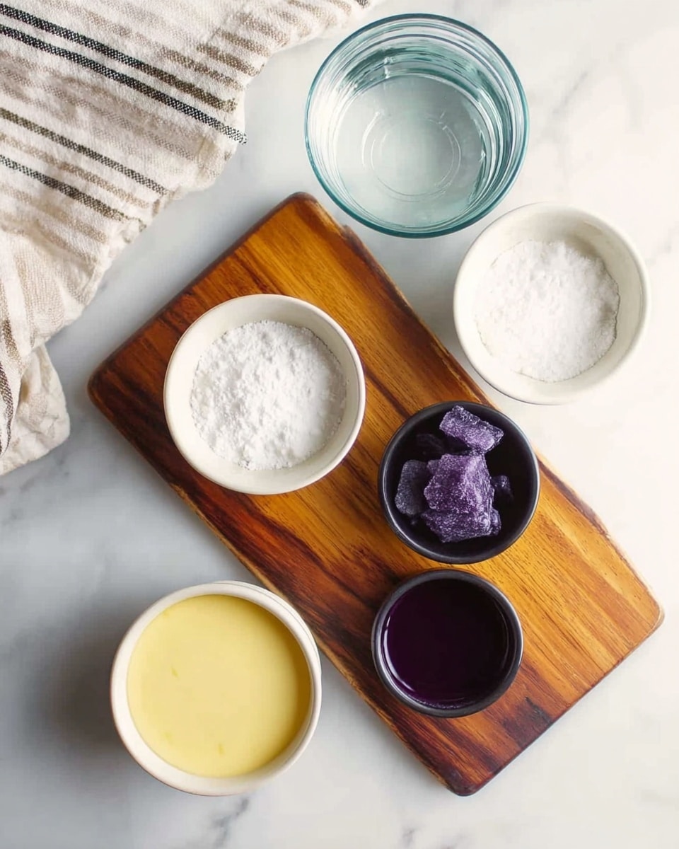 The image shows a wooden cutting board with several small bowls placed on it and around it. On the cutting board, there is a small white bowl with white powder, and near it, a small black bowl with purple chunks. Below the board, there is a small bowl with a dark purple liquid. To the left and right of the board, there are two white bowls filled with a smooth creamy yellow sauce. In the upper part of the image, there is a clear glass bowl filled with water, resting on a white and beige striped cloth. On the right side, there is a white bowl filled with white powder, all setting on a white marbled surface photo taken with an iphone --ar 4:5 --v 7