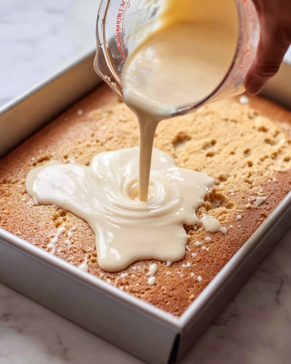 A silver baking pan holds one thick light brown cake layer with a slightly rough, spongy texture and some small holes on top. A cream-colored liquid is being poured over the cake from a clear glass measuring cup held by a woman's hand, covering the surface unevenly and soaking into the cake. The scene is set on a white marbled texture surface. Photo taken with an iphone --ar 4:5 --v 7