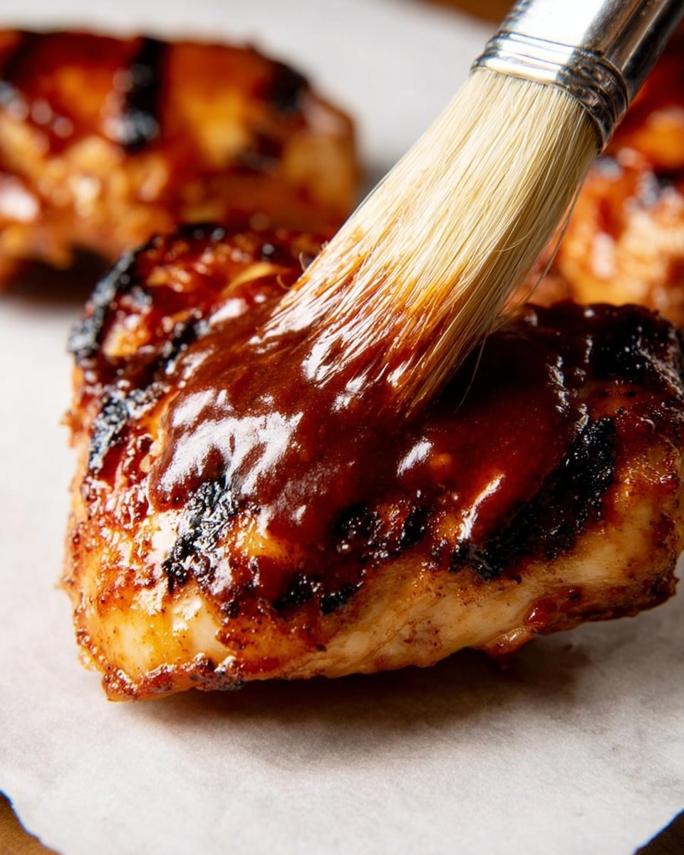 A close-up view of a grilled chicken piece placed on white parchment paper, showing a shiny, dark reddish-brown sauce being brushed onto the top with a soft brush. The chicken has a golden-brown color with some black grill marks, and the sauce layer looks thick and glossy as it covers the uneven grilled surface. In the background, part of another similarly sauced chicken piece is visible. The photo is taken on a white marbled surface. photo taken with an iphone --ar 4:5 --v 7