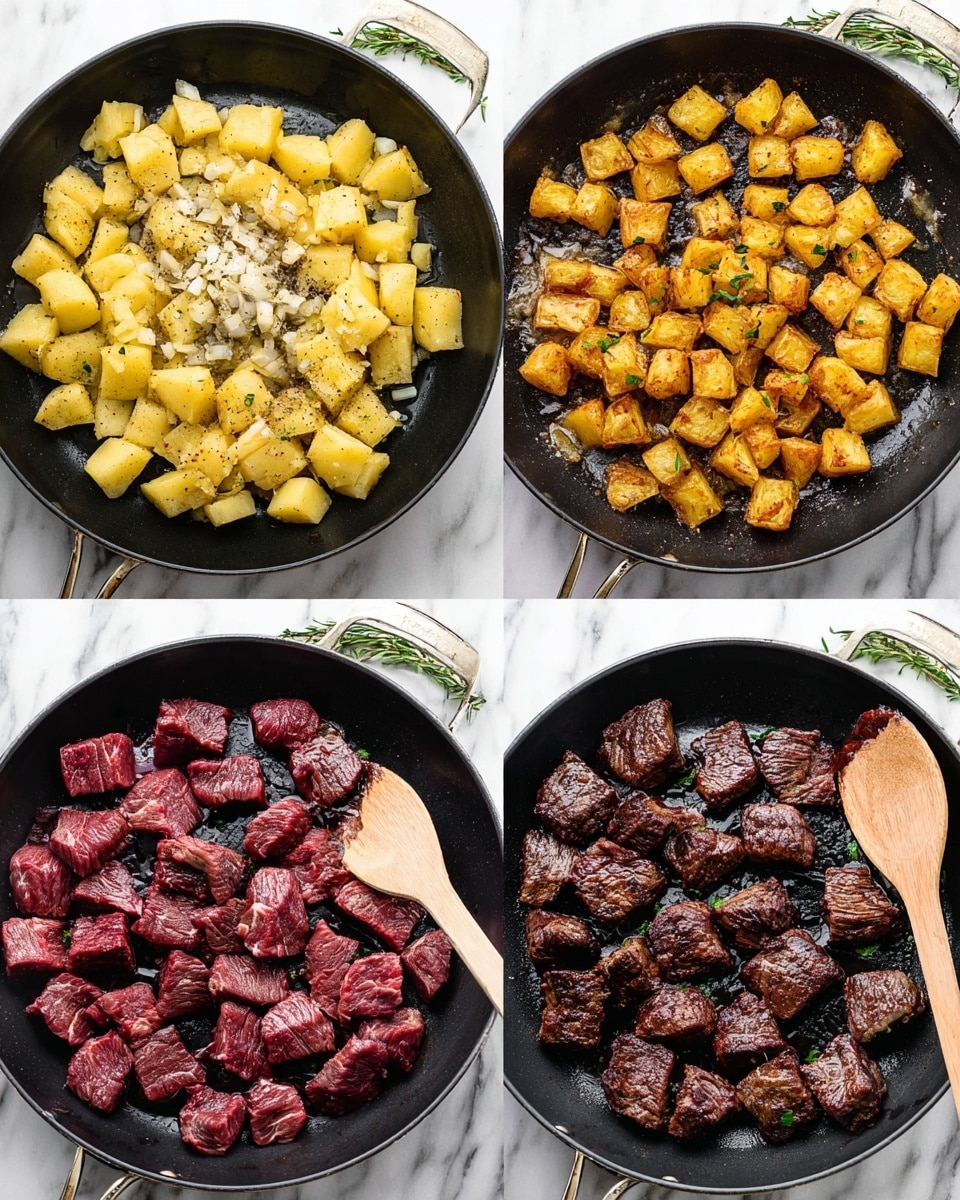 The image shows four cooking steps in one black skillet set on a white marbled surface. The top left shows a layer of fresh, light yellow potato chunks mixed with white garlic pieces and brown herbs, with a wooden spoon on the side. The top right shows the potatoes after cooking, now golden brown and crispy with a slightly oily, textured surface. The bottom left shows fresh, raw dark red beef cubes spread out with a slight sheen of oil. The bottom right shows the beef cubes fully cooked to a dark brown color with seared textures, appearing juicy and slightly glossy, with a wooden spoon on the edge. Photo taken with an iphone --ar 4:5 --v 7