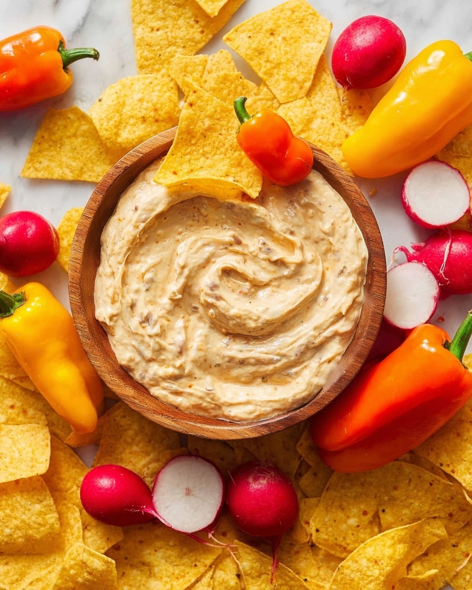 A wooden bowl filled with thick, creamy beige dip with visible chunks and swirled texture is placed in the center. Two yellow tortilla chips dip into the left side of the bowl while a small orange pepper half dips into the right side. Surrounding the bowl are several whole mini sweet peppers in bright red, yellow, and orange colors, some cut in half showing seeds, mixed with whole red and white radishes with smooth textures. Yellow tortilla chips fill the remaining space on a white marbled surface below and around the bowl. photo taken with an iphone --ar 4:5 --v 7
