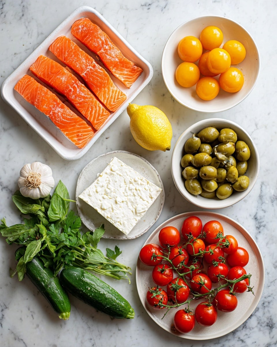 The image shows fresh ingredients laid out on a white marbled surface. On the top left, there are four bright orange salmon fillets on a white tray with soft texture. To the right, a white bowl holds smooth, shiny, yellow grape tomatoes. Below, a white plate has a block of white feta cheese with a slightly crumbly texture. In the middle, a white bowl is filled with green olives that have a glossy surface. There is a halved yellow lemon with visible juicy pulp placed next to a whole garlic bulb with a rough, papery skin. On the bottom left, a whole green cucumber lays next to fresh green leafy herbs including basil and parsley. On the bottom right, a white plate holds vibrant red cherry tomatoes still on the vine, each with a smooth, glossy surface. All items are evenly spaced and create a colorful and fresh arrangement photo taken with an iphone --ar 4:5 --v 7