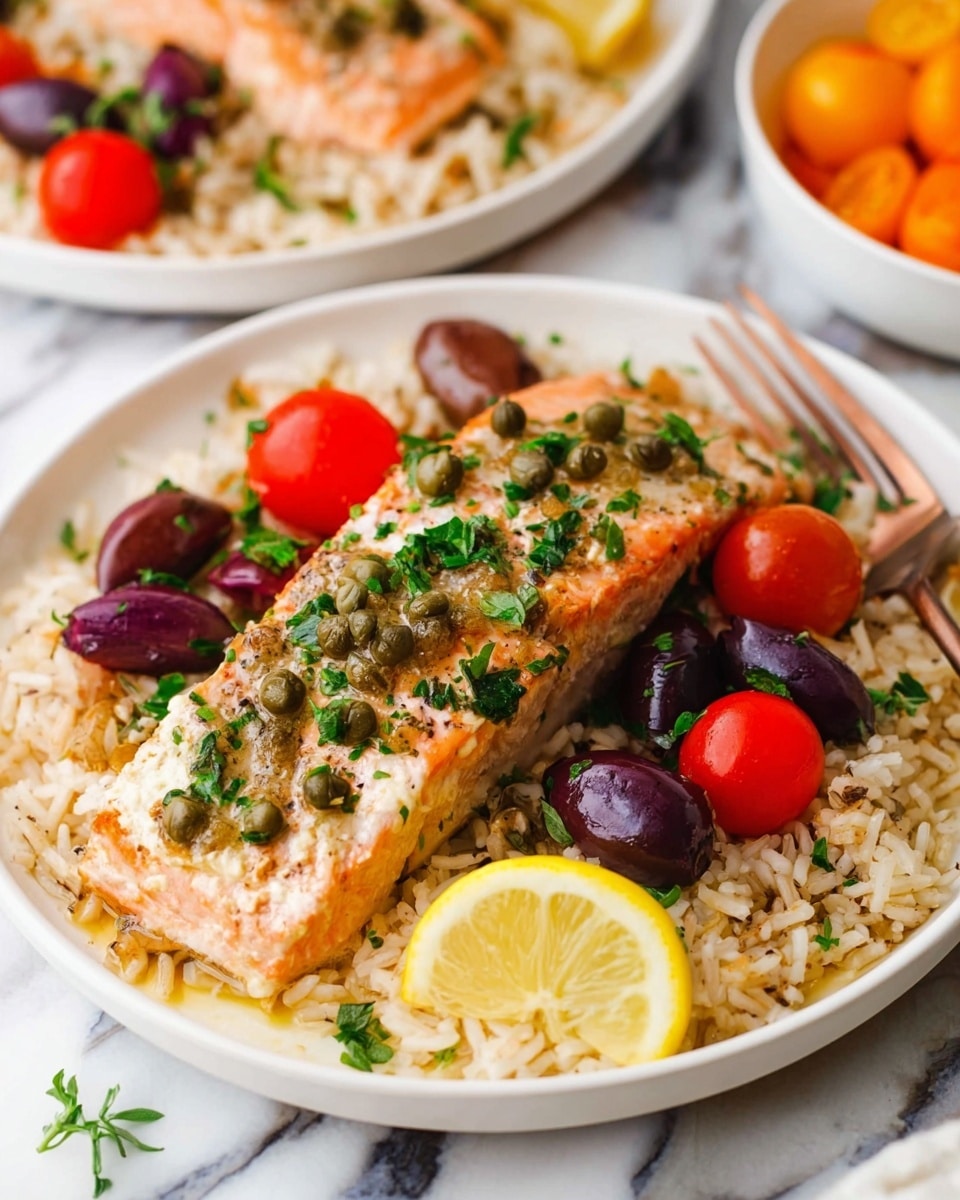 A white plate holds a bed of light brown cooked rice as the base layer, topped with a pinkish-orange cooked salmon fillet placed centrally. The salmon is sprinkled with green capers and chopped green herbs. Around the salmon, there are halved bright red cherry tomatoes, dark purple and green olives, and small green herb stems scattered. A yellow lemon wedge sits on the rice near the edge of the plate. The background shows a white marbled surface with a blurred second plate of similar food and a white bowl with orange tomatoes. A bronze fork rests beside the plate. photo taken with an iphone --ar 4:5 --v 7