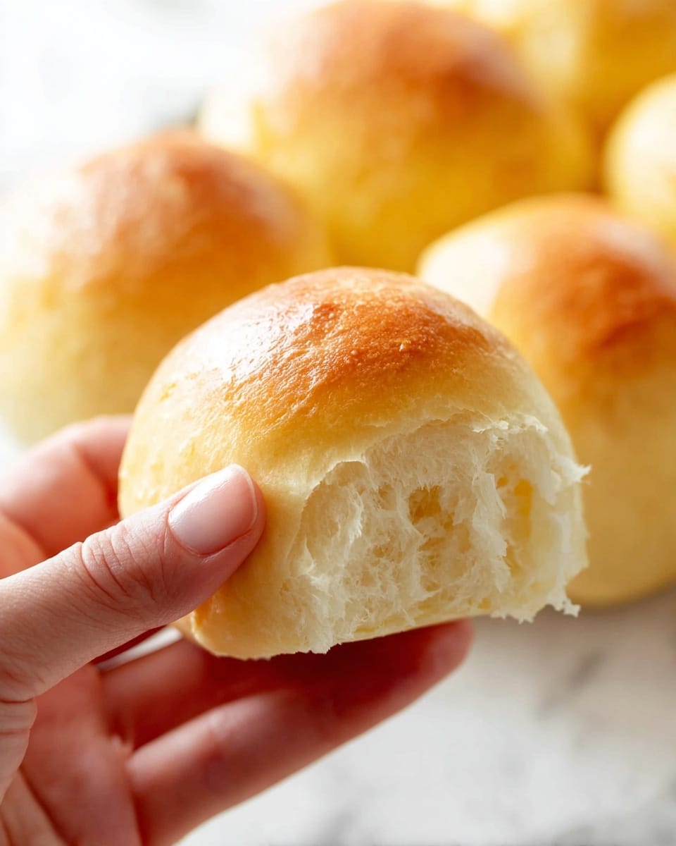 A close-up view shows a woman's hand gently holding a soft, round bread roll with a golden-brown top and a light, fluffy interior visible from a small tear. In the background, there are more similar golden bread rolls, slightly out of focus, resting on a white marbled surface. The light is bright and natural, highlighting the smooth, slightly shiny texture of the roll's crust and the airy, delicate crumb inside. photo taken with an iphone --ar 4:5 --v 7