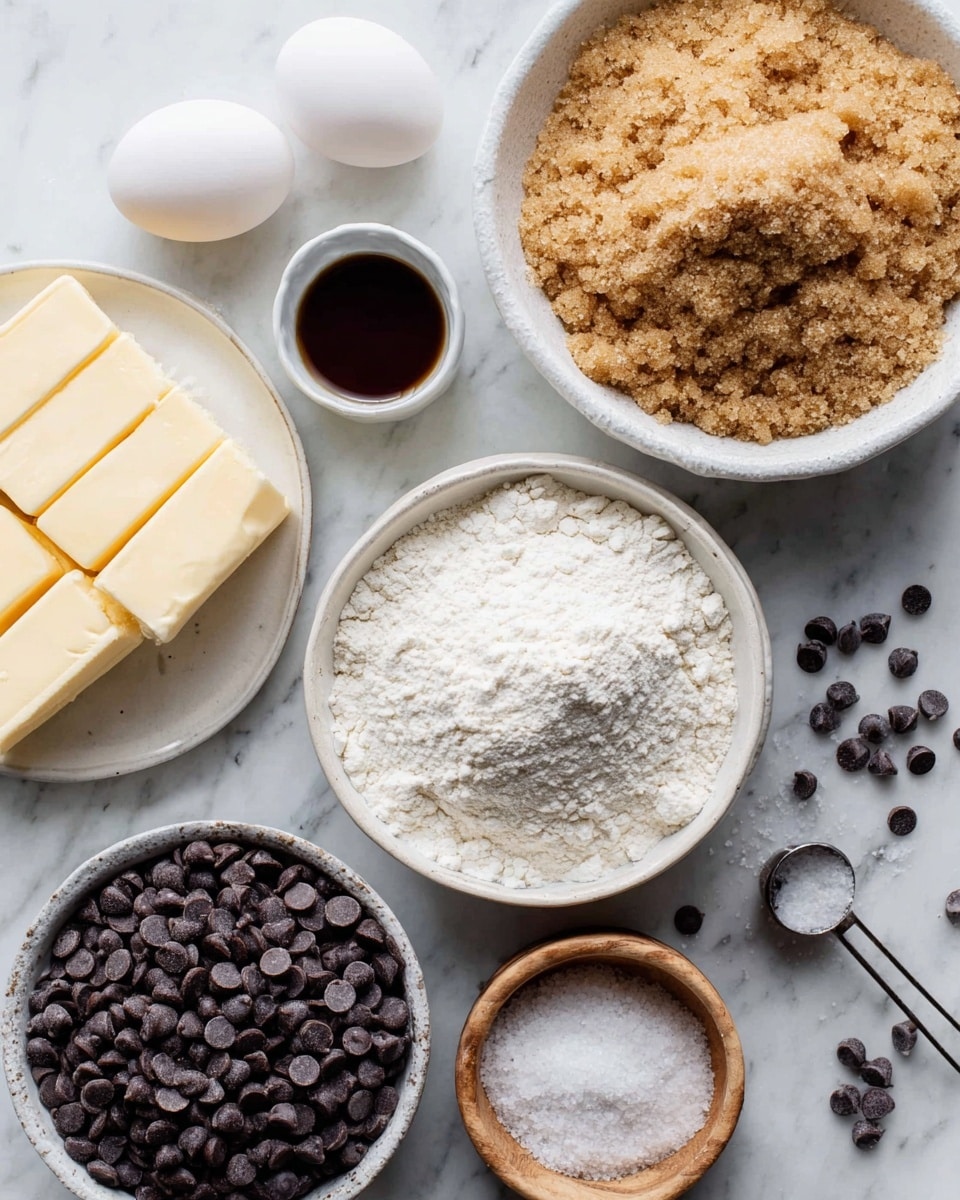 The image shows several baking ingredients arranged on a white marbled surface. Starting from the top right, there is a white bowl filled with light brown sugar that looks crumbly, with some sugar spilled out. Below it is a white bowl filled with white flour with a small mound in the center. To the left of the flour is a small white bowl containing dark brown liquid, likely vanilla extract. Above this bowl are two whole white eggs placed side by side. Above the eggs, there is a white plate with two thick sticks of pale yellow butter placed next to each other. In the bottom left corner is a white bowl filled with many small dark chocolate chips. To the bottom right of the chocolate chips is a small wooden bowl with white salt and a silver measuring spoon inside. A few scattered chocolate chips lie above and around the bowls. Photo taken with an iphone --ar 4:5 --v 7