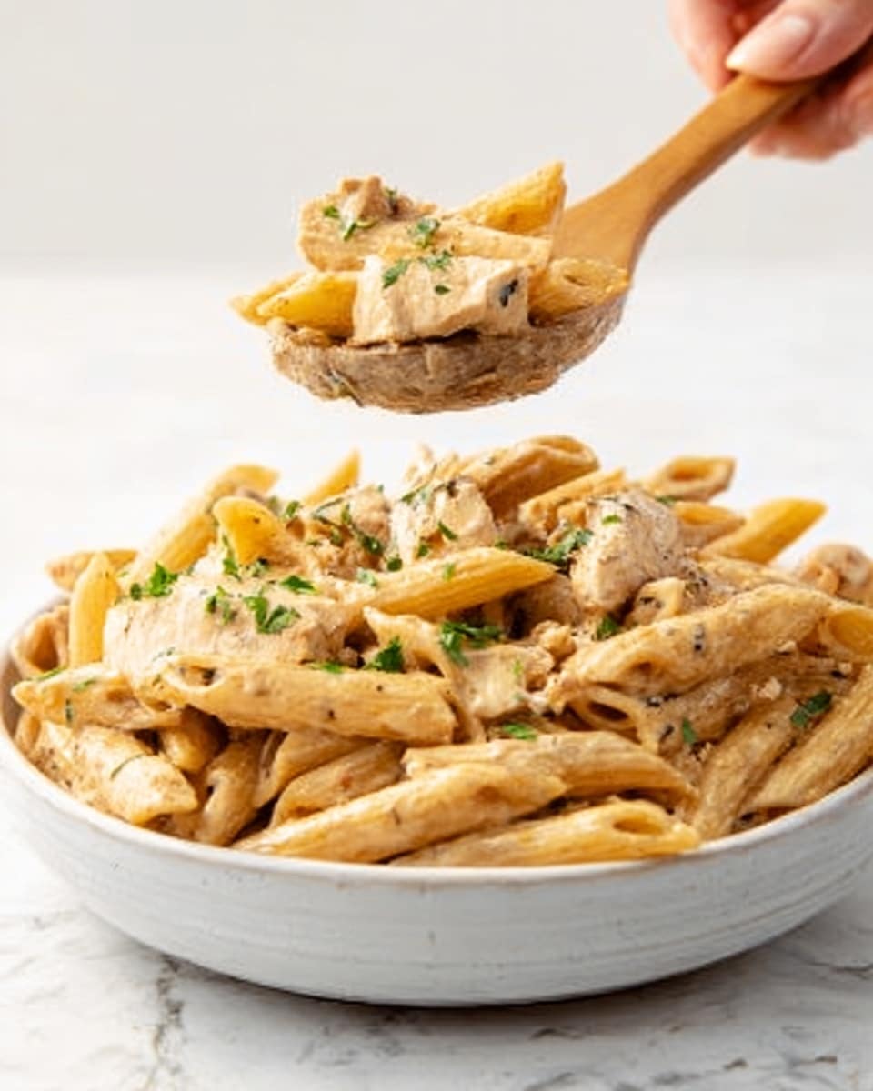 A close-up of a white bowl filled with cooked penne pasta covered in creamy light brown sauce mixed with small pieces of chicken, garnished with chopped green herbs on top. A woman's hand holds a wooden spoon above the bowl, scooping a portion of the pasta and chicken, showing the smooth sauce coating each piece. The background and surface are a white marbled texture, creating a clean and bright setting. Photo taken with an iphone --ar 4:5 --v 7