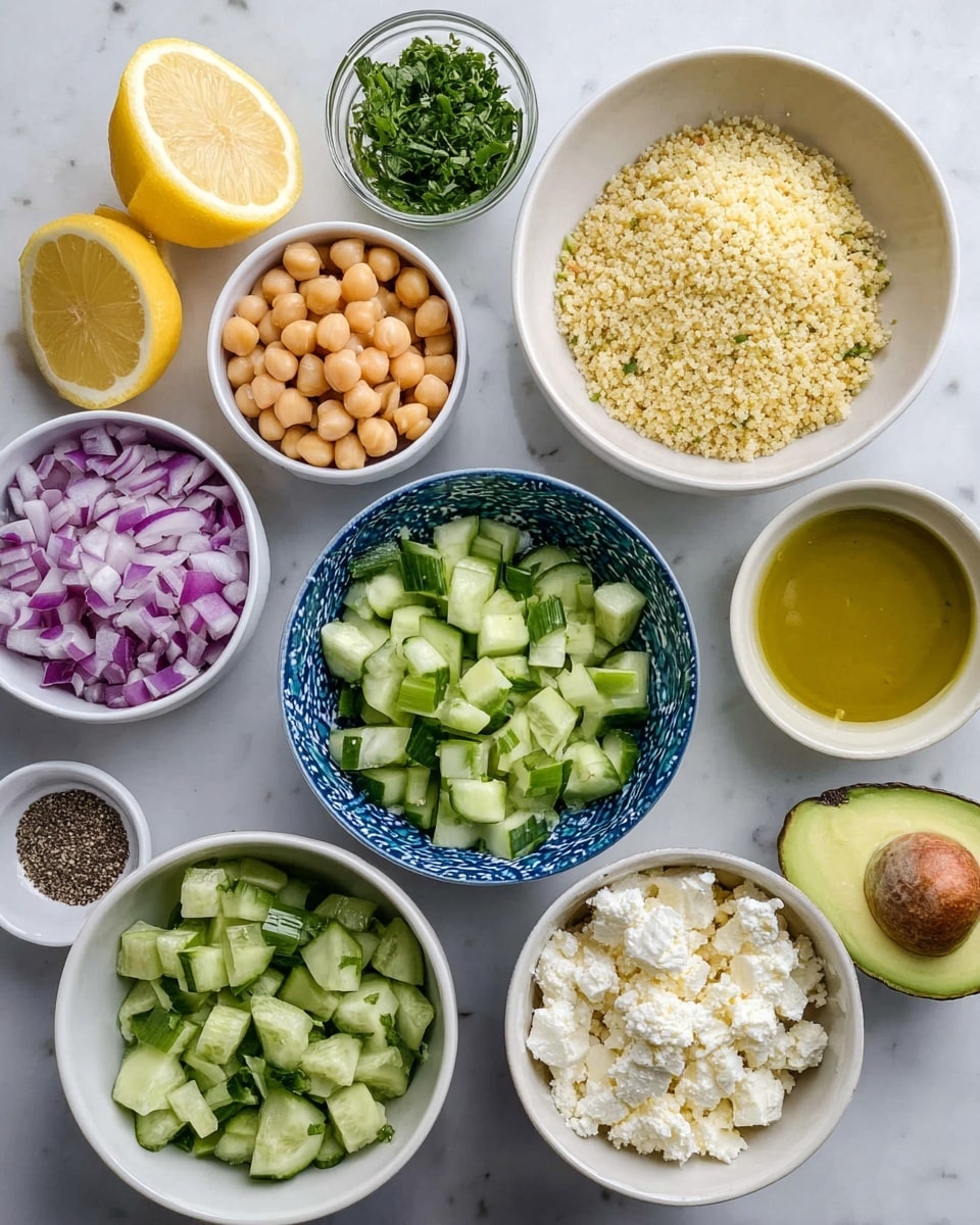 This image shows an overhead view of several white bowls and dishes arranged on a white marbled surface. The bowls contain various fresh ingredients: two lemon halves sliced in half, a bowl of pale yellow chickpeas, a bowl of light yellow couscous, a bowl of diced green cucumbers, a blue patterned bowl filled with bright green chopped parsley, and a white bowl with soft white crumbled cheese. There is also a bowl with chopped purple and white onions, a small white bowl with a mix of black and white pepper, a small white bowl filled with golden olive oil, a half avocado with a pit, and a small clear glass cup with fresh chopped green mint leaves. The colors are fresh and natural, emphasizing a healthy mix of textures and shades photo taken with an iphone --ar 4:5 --v 7