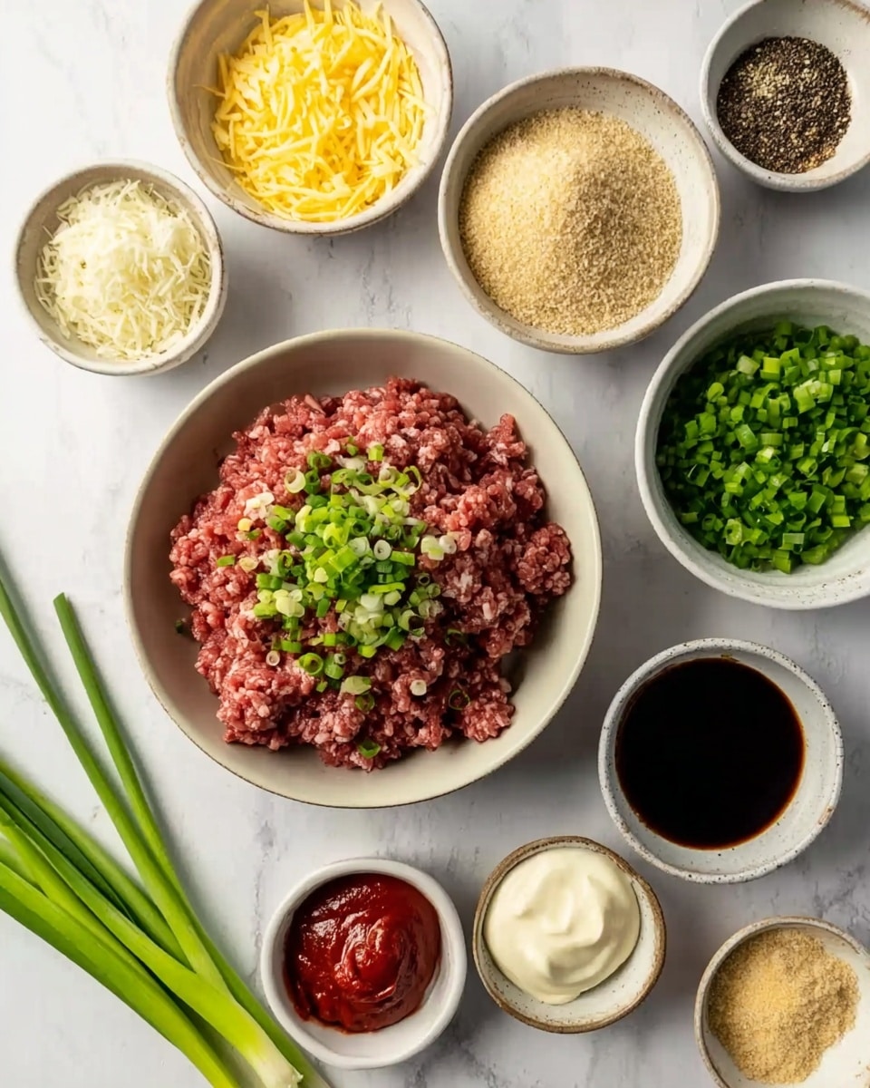 A top-down view of multiple small white and light-colored bowls arranged on a white marbled surface. The largest bowl is filled with raw minced meat topped with chopped green onions. Around it, there are bowls containing yellow shredded cheese, light brown breadcrumbs, finely chopped green onions, dark soy sauce, and a small bowl of white creamy sauce. Additional small bowls hold red paste, ground black pepper, mustard, and salt. Fresh green onions lie next to the bowls, adding a fresh touch. The colors vary from red, green, white, to brown, making the ingredients visually distinct and ready for cooking photo taken with an iphone --ar 4:5 --v 7