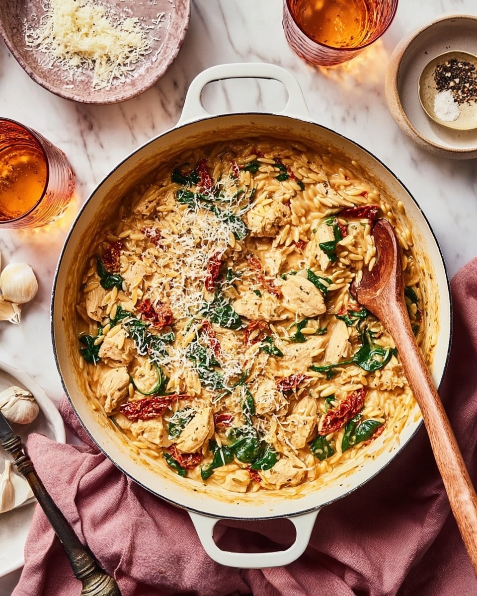 A close-up of a white bowl filled with a creamy pasta dish that has three main layers. The bottom layer is small, rice-shaped pasta, light golden in color and mixed well with a creamy, orange-tan sauce. The middle layer features chunks of browned chicken scattered evenly throughout the dish. The top layer includes vibrant green spinach leaves and small bits of red sun-dried tomatoes, adding color contrast. A silver spoon scoops part of the dish, showing the mix of pasta, chicken, spinach, and tomatoes with some grated cheese on top. The bowl sits on a white marbled surface photo taken with an iphone --ar 4:5 --v 7