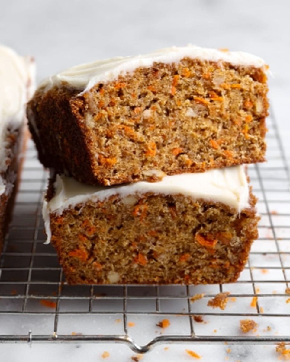 A loaf cake is shown cut into four pieces on a wire rack placed on a white marbled surface. The cake has a golden-brown color with a soft and moist texture. Three slices lie slightly tilted on each other, covered with thick white icing flowing down the sides and front edges of the cake. In the background, there is a white pitcher with some icing spilling over its side. A small round plate with ground spices is blurred in the foreground. The whole scene is bright and softly lit with a clean white marbled background. Photo taken with an iphone --ar 4:5 --v 7